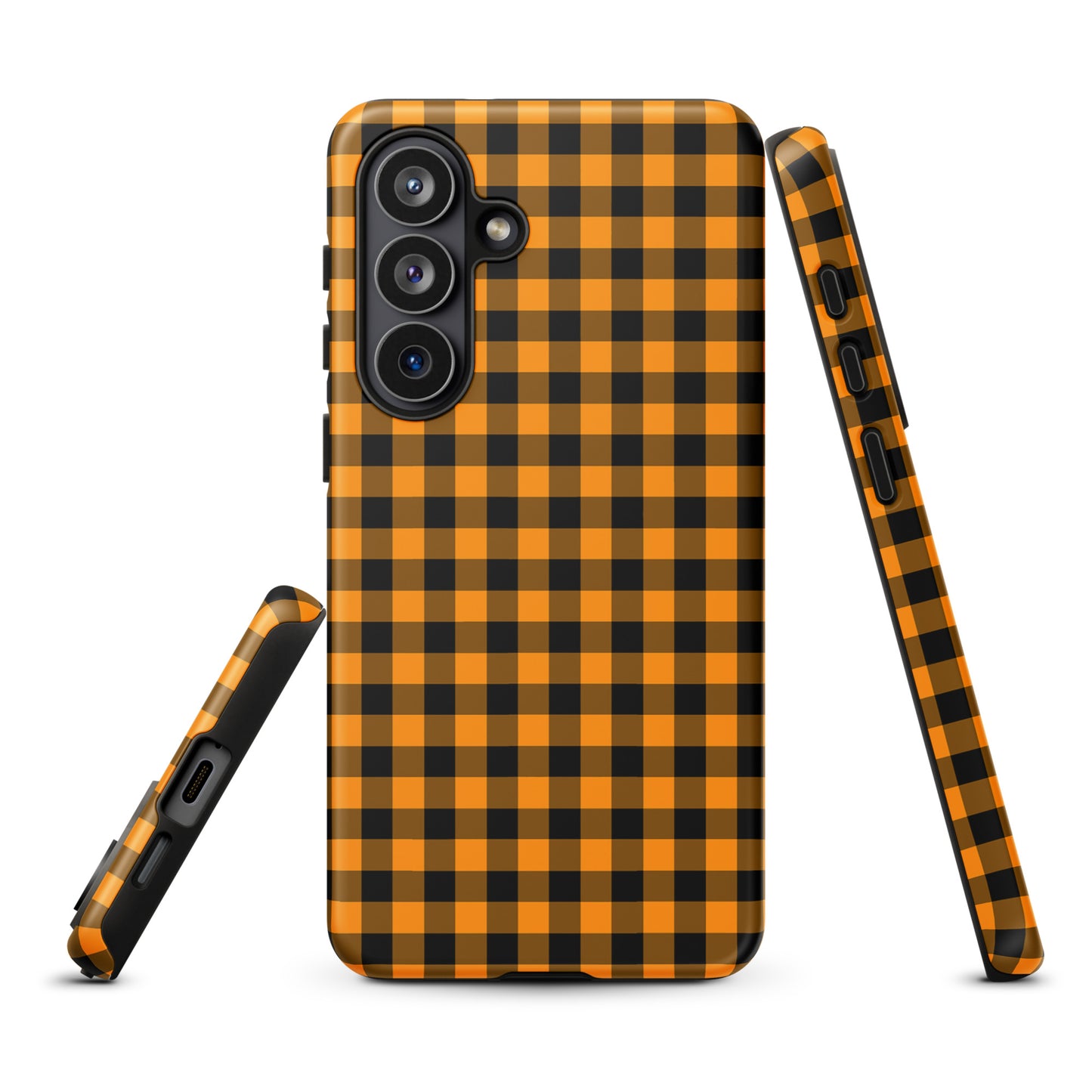 Stylish black-and-orange gingham phone case for Samsung Galaxy with autumn theme, offering durability and chic design for device protection.