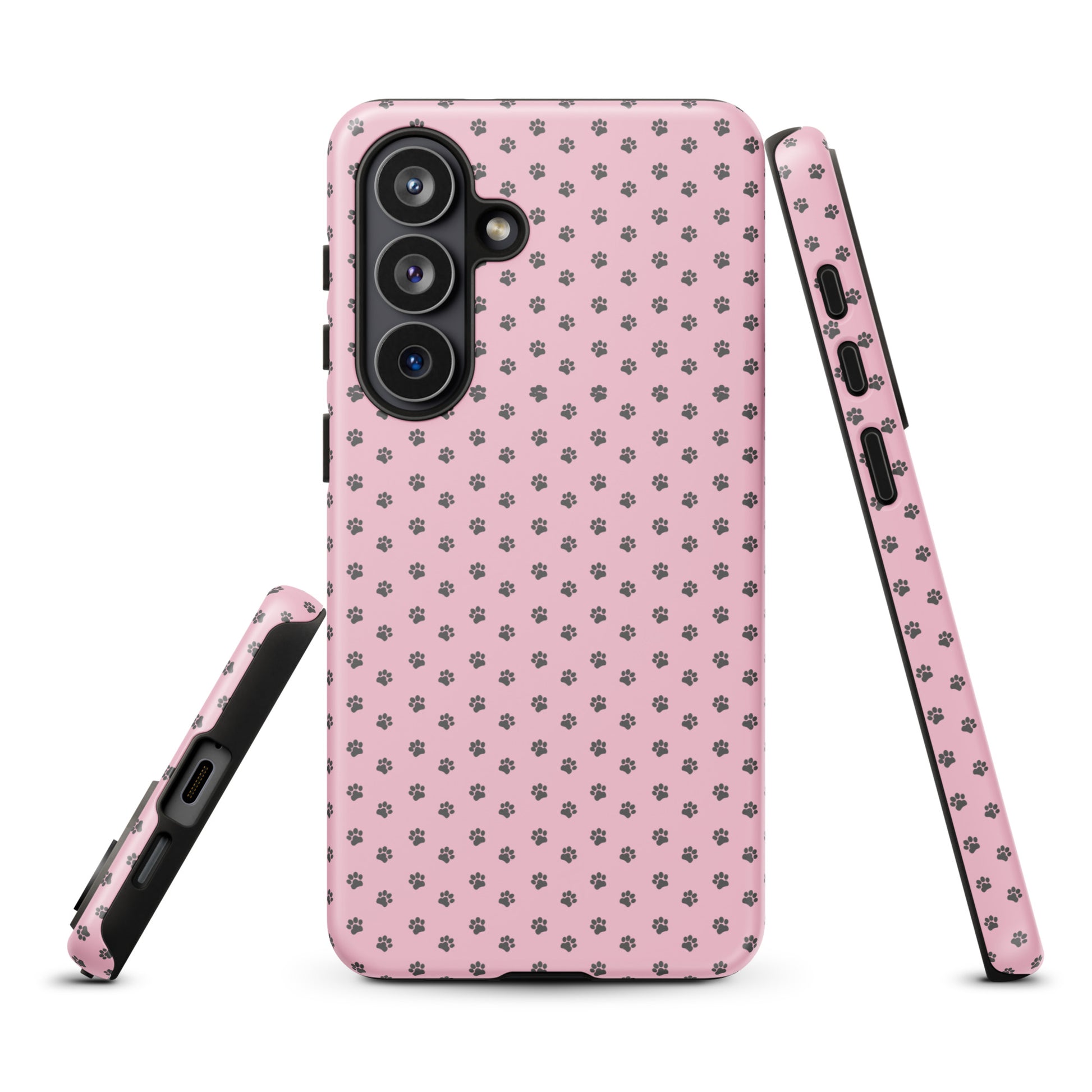 Phone Case Samsung Galaxy with pink paw-print design, shown from different angles, featuring pet-themed playful protection.