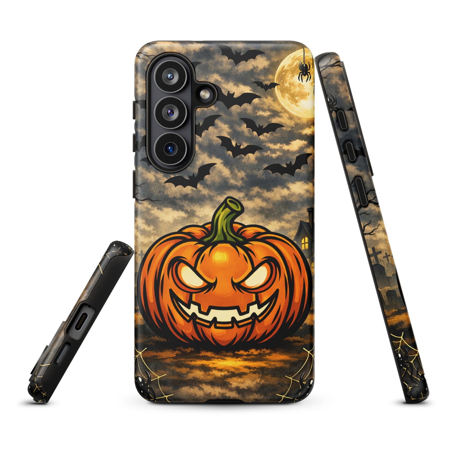 Phone Case for Samsung Galaxy with haunted pumpkin, bats, and moonlit Halloween scene, perfect for spooky holiday vibes.
