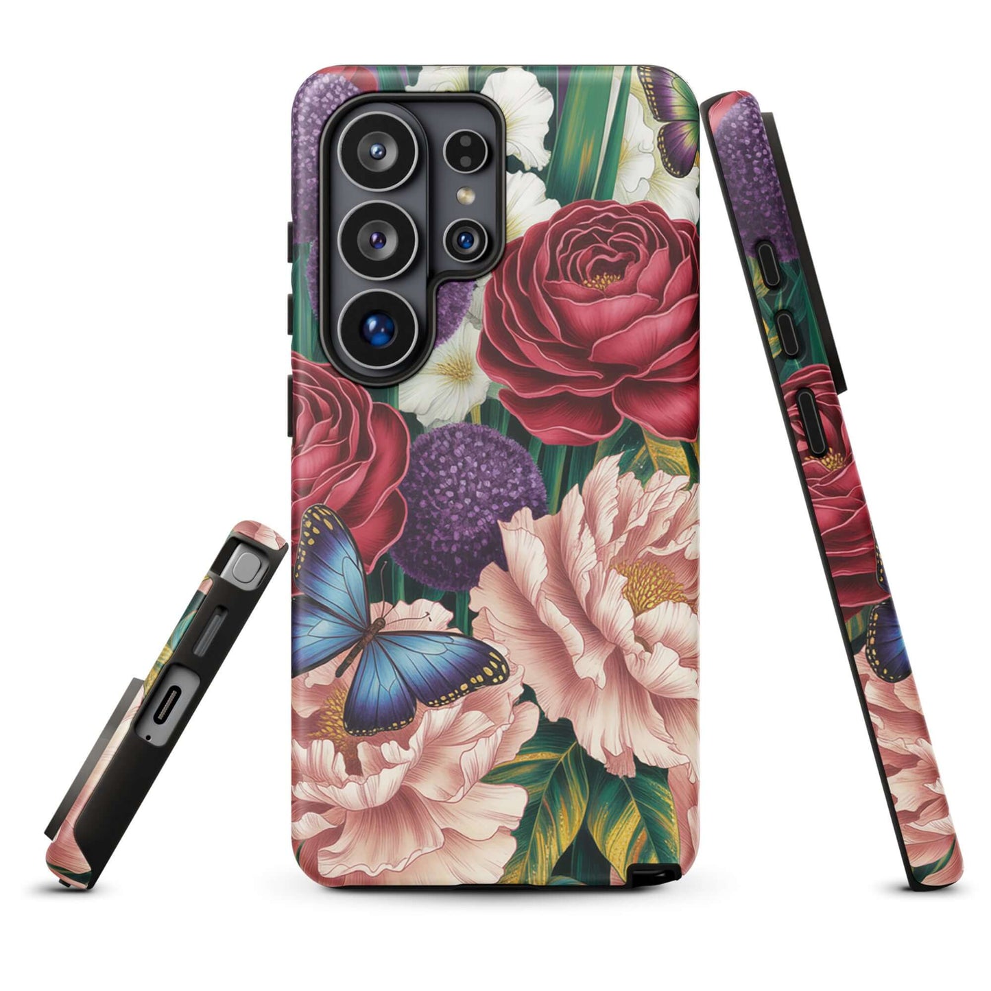 Botanical Garden Bloom Phone Case for Samsung Galaxy with roses, peonies, alliums, and blue butterflies on a lush floral design.