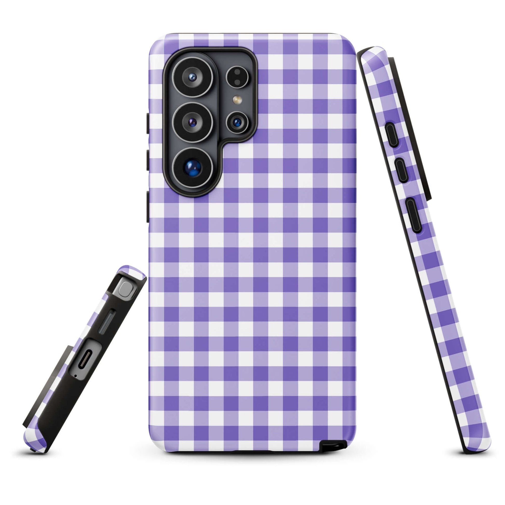 Phone case with purple gingham pattern for Samsung Galaxy providing style and durability