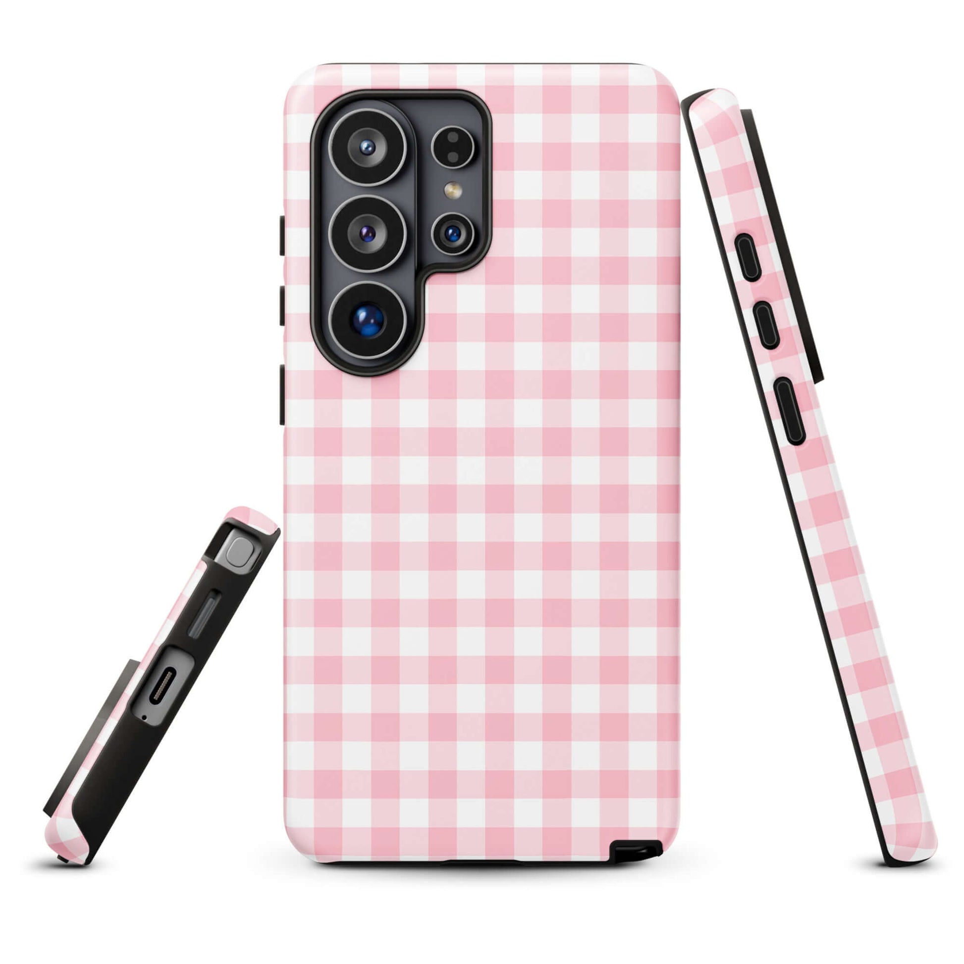 Phone Case for Samsung Galaxy with pink gingham pattern, stylish protection for your device, combining luxury and practicality.