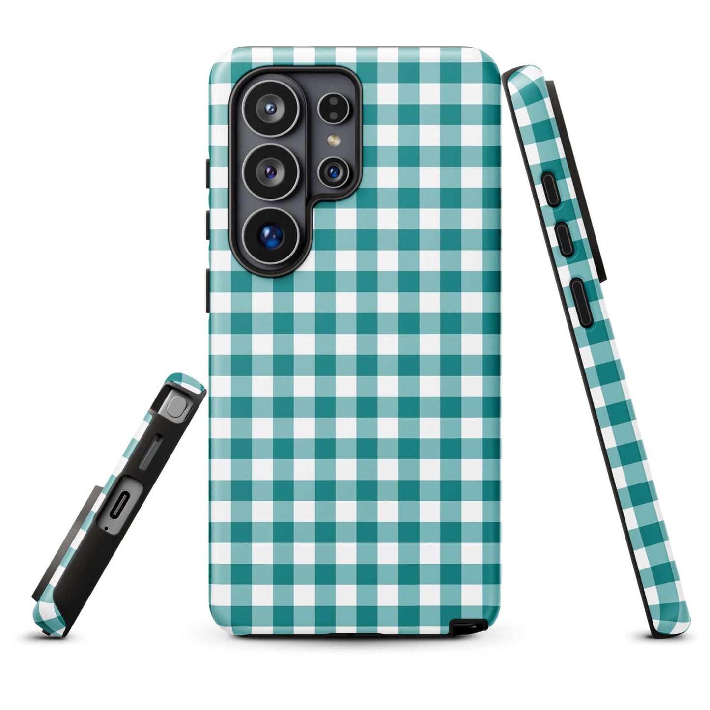 Phone Case for Samsung Galaxy with teal gingham pattern, stylish and durable protection accessory.