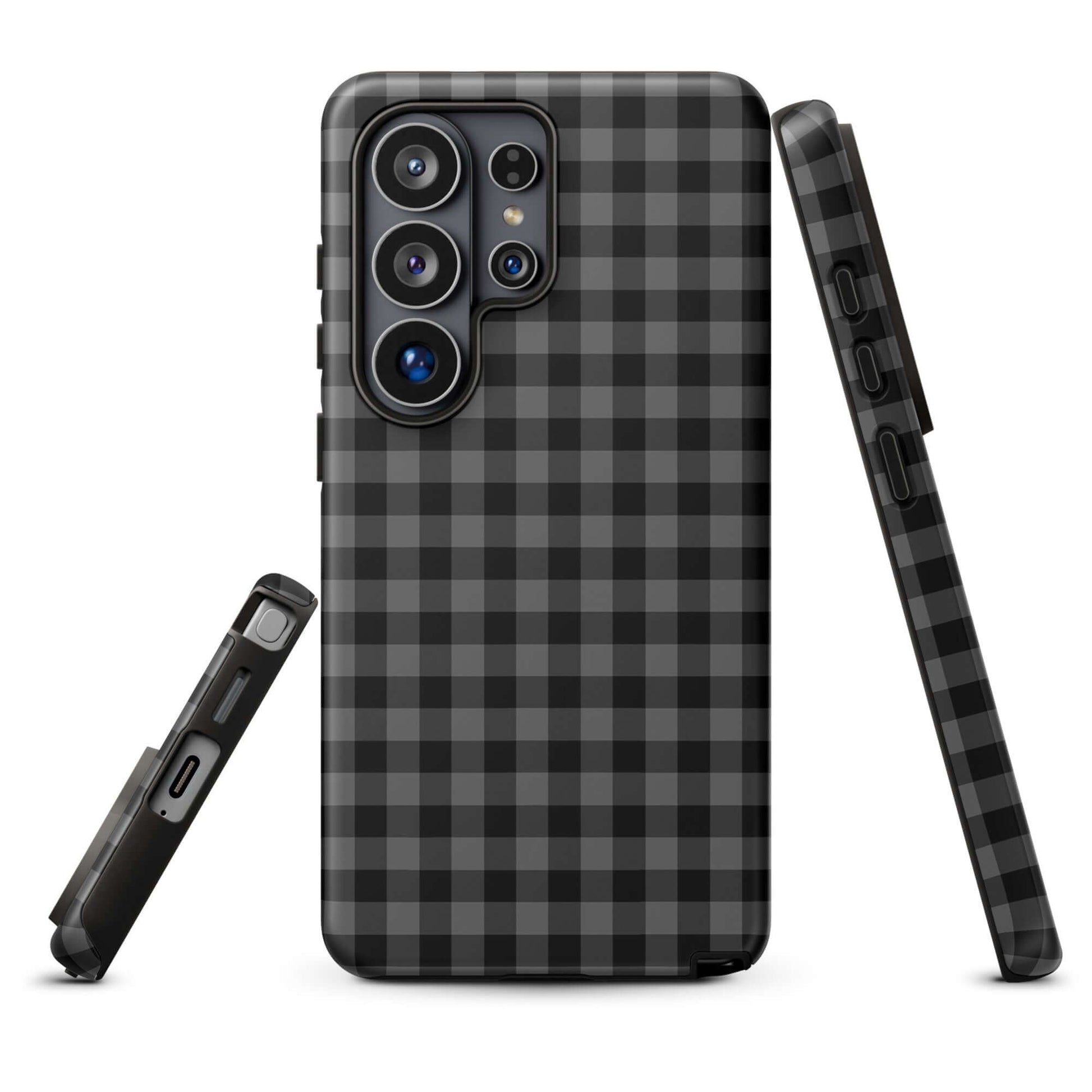 Phone Case for Samsung Galaxy with black gingham pattern offering stylish protection and luxury craftsmanship.