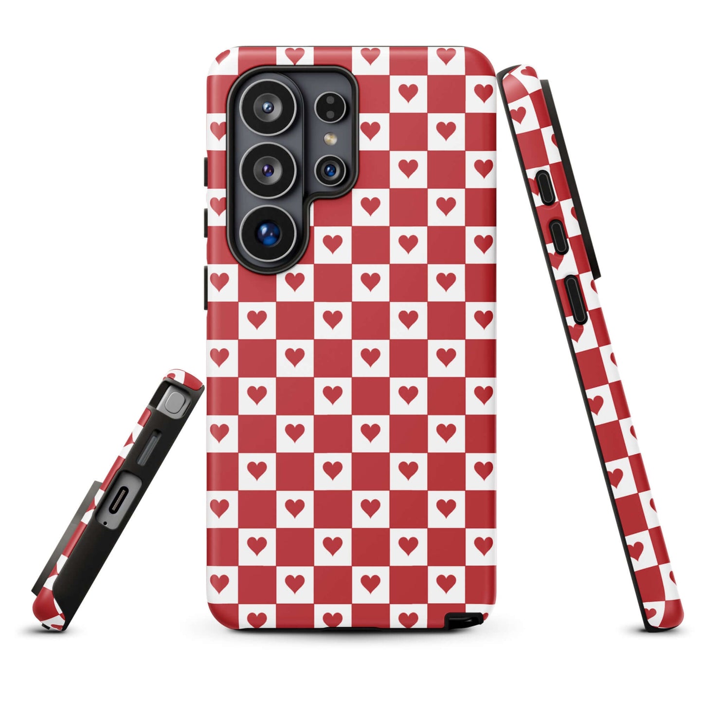 Phone Case for Samsung Galaxy with cute red heart checkered design featuring crimson hearts on white squares.