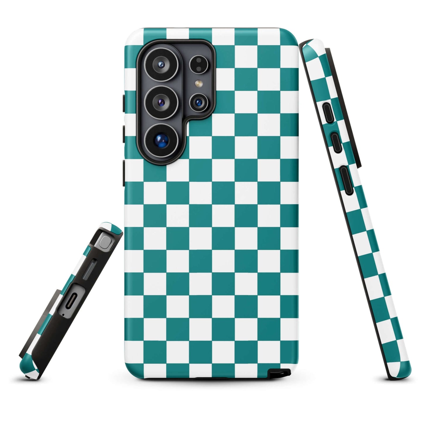 Teal and white checkered Phone Case for Samsung Galaxy, showcasing a bold and playful design for style and protection.