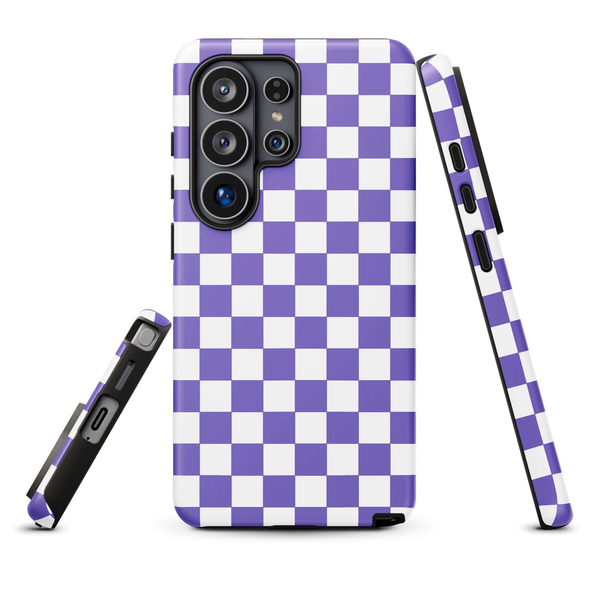Phone Case for Samsung Galaxy with purple and white checkered pattern, stylish and bold design for modern fashion-forward users.