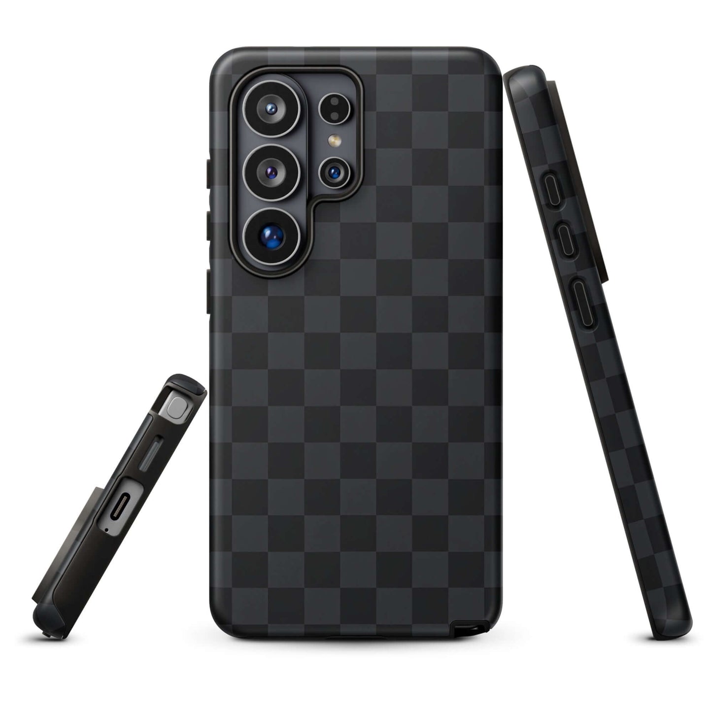 Phone Case for Samsung Galaxy in black and charcoal checkered design, sleek and modern protection for your device.