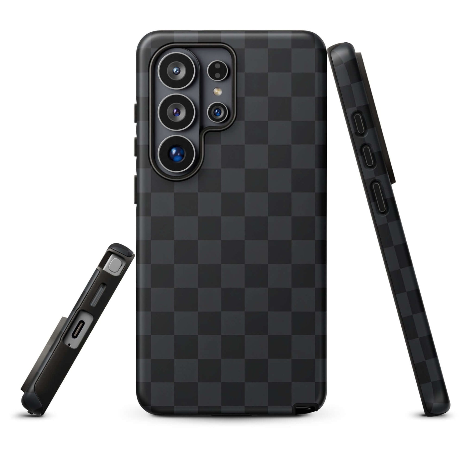 Phone Case for Samsung Galaxy in black and charcoal checkered design, sleek and modern protection for your device.