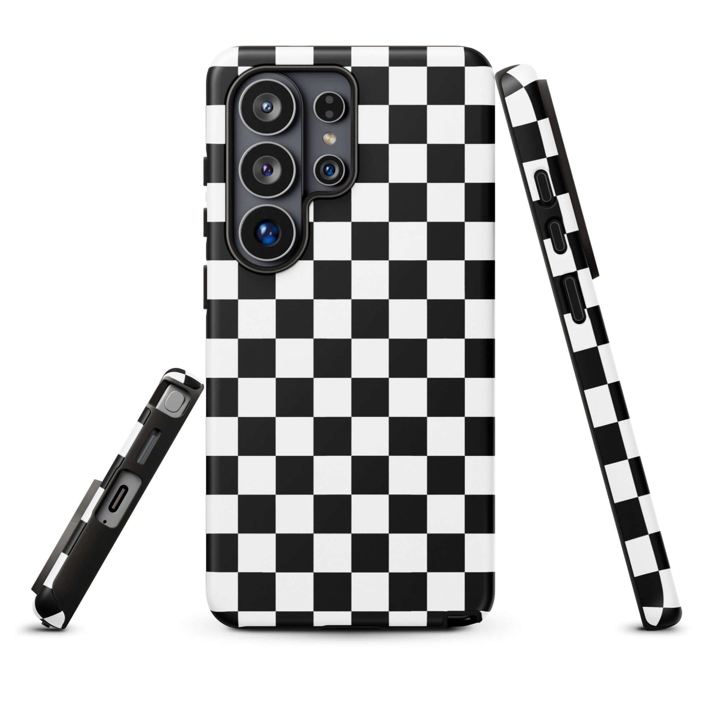 Black-and-white checkered phone case for Samsung Galaxy, featuring a bold design. Perfect for making a statement and protecting your phone.