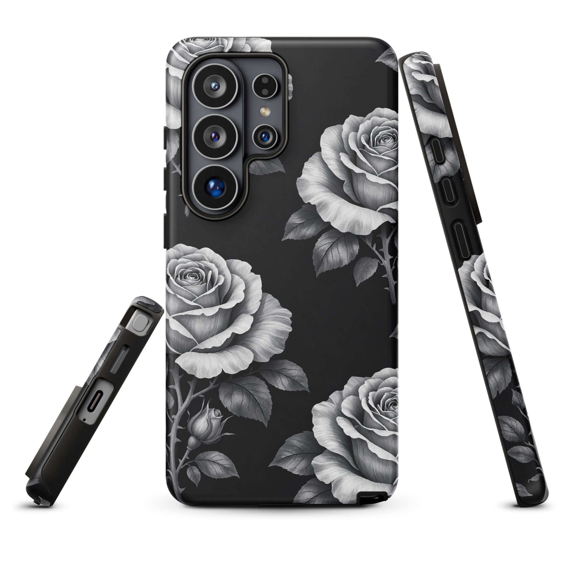 Phone Case for Samsung Galaxy with hand-sketched roses and leaves on black, floral design, Rose Garden Tough Case.