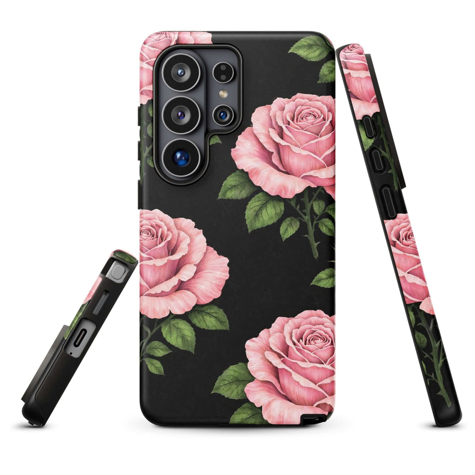 Pink rose design on Phone Case for Samsung Galaxy, black background, floral pattern, durable tough case for protection and style.