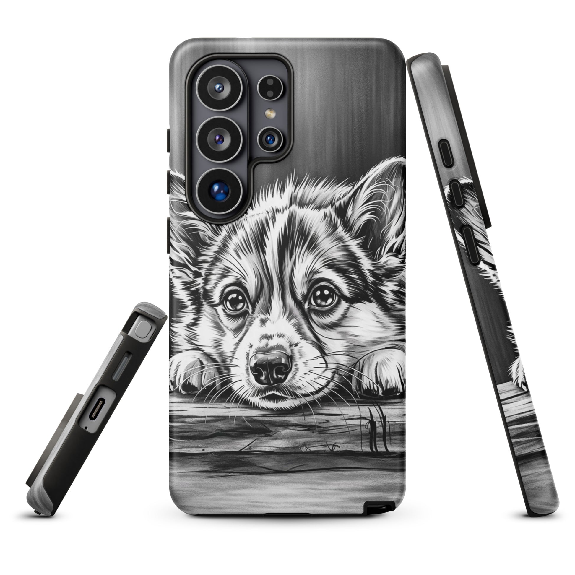 Phone Case for Samsung Galaxy with elegant black-and-white puppy art on textured wood background