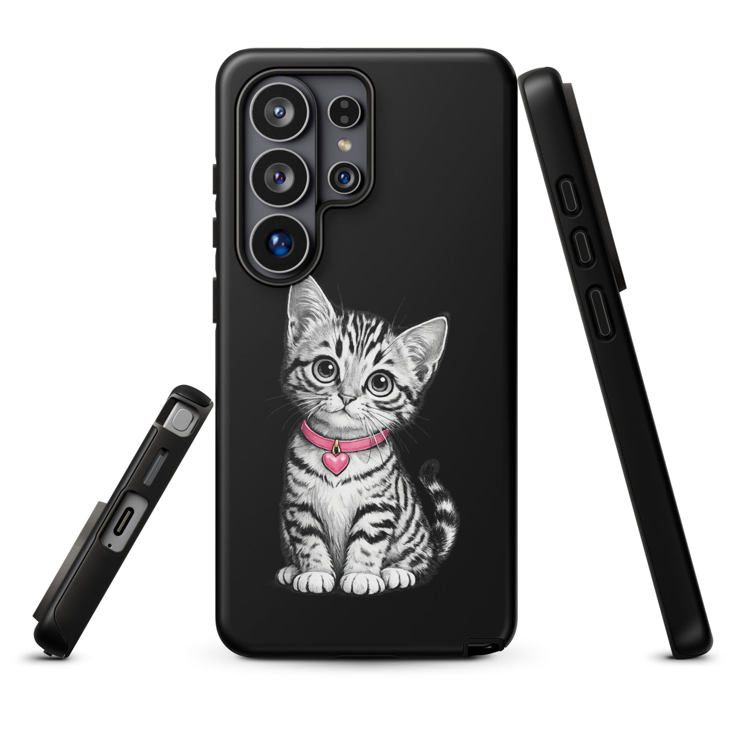 Phone Case featuring cute kitten with pink heart charm for Samsung Galaxy.