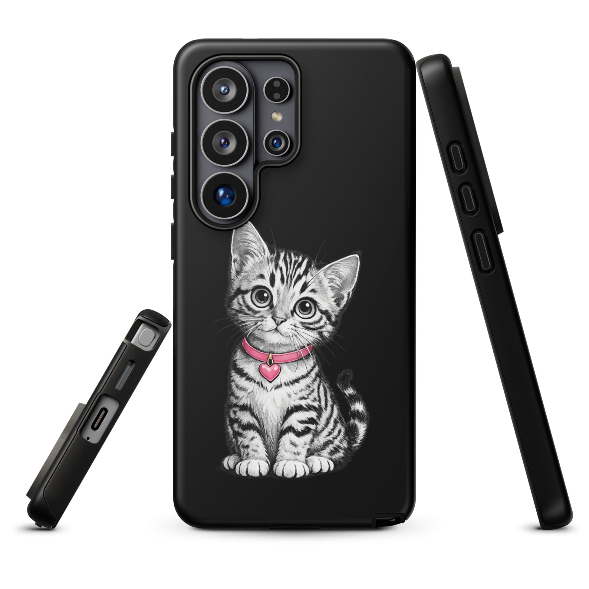 Phone Case featuring cute kitten with pink heart charm for Samsung Galaxy.