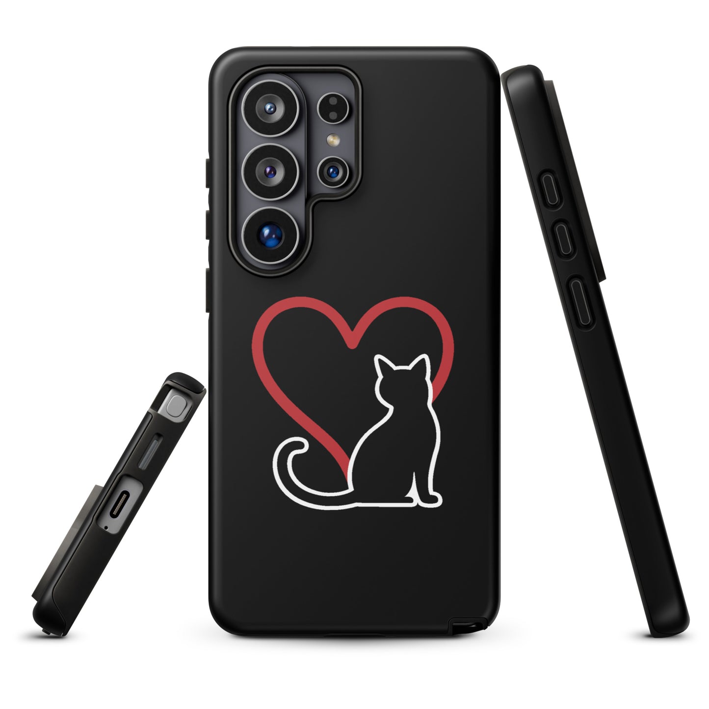 Phone Case for Samsung Galaxy featuring a black cat and red heart design on black background, perfect for cat lovers seeking elegant protection.