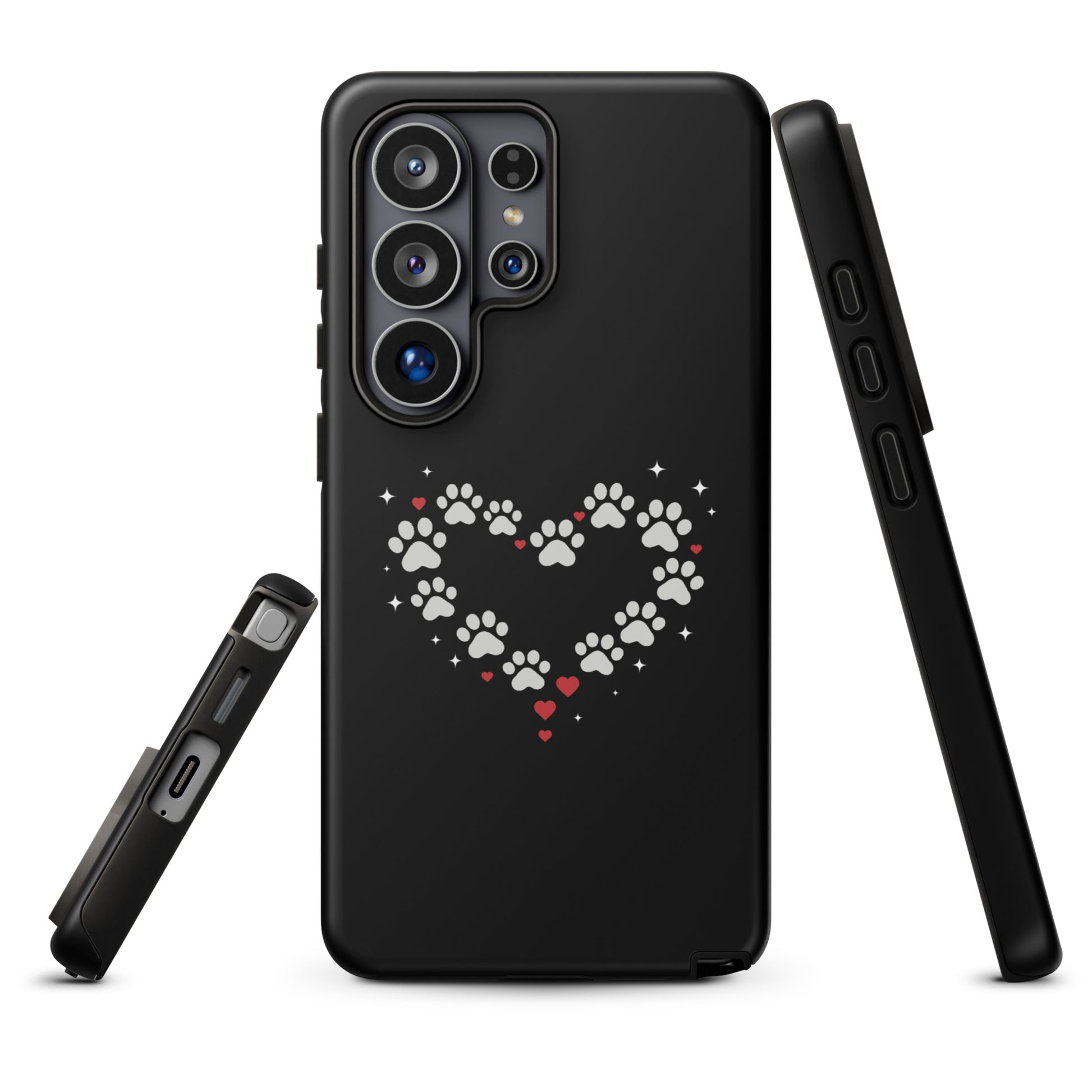 Phone Case for Samsung Galaxy featuring paw-print heart design on black background with red accents.