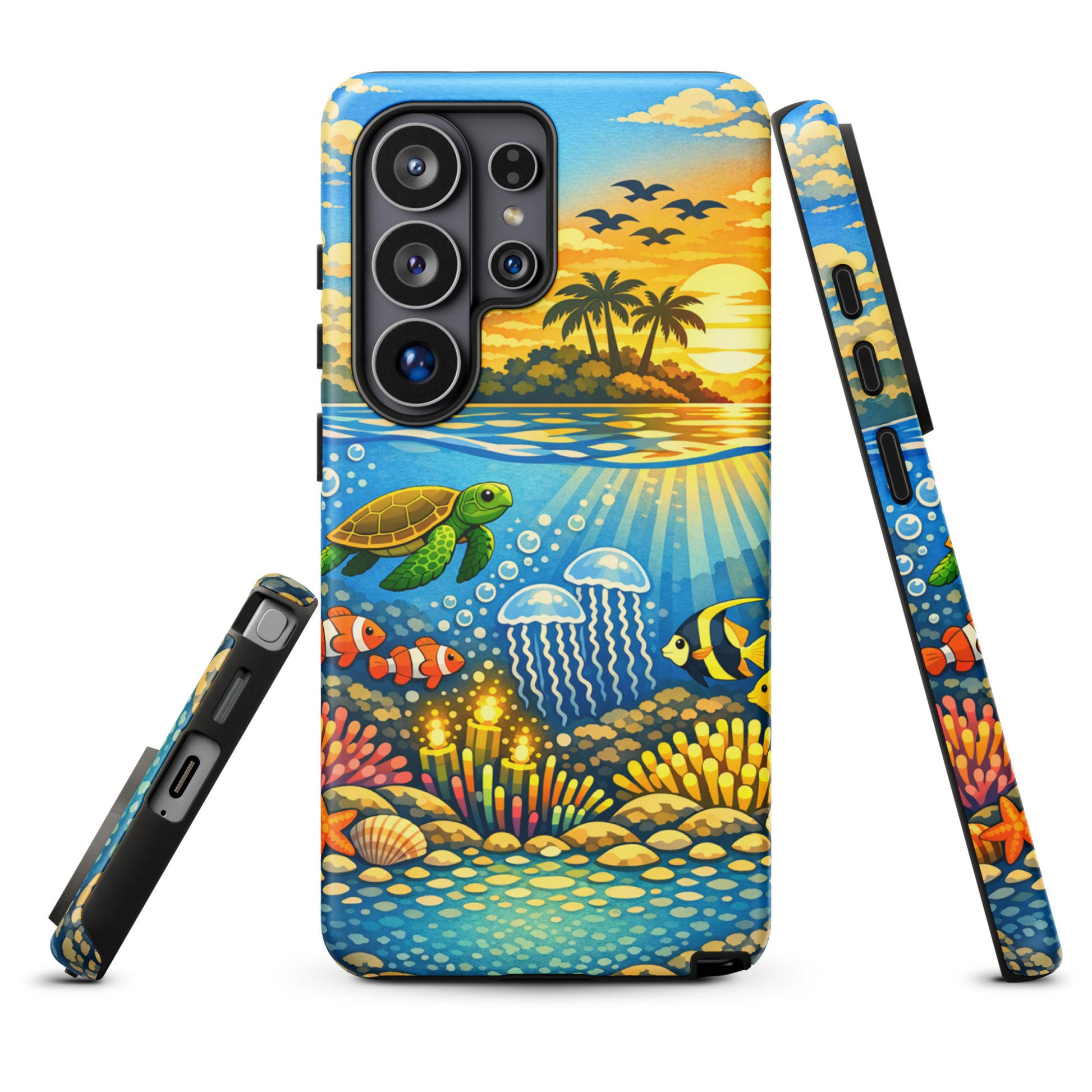 Phone Case for Samsung Galaxy with tropical sunset and colorful underwater reef scene, featuring sea turtles, clownfish, and coral.