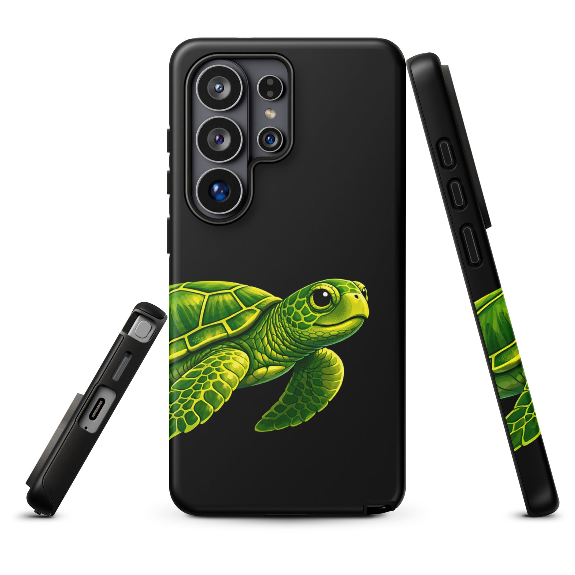 Sea turtle design phone case for Samsung Galaxy, offering style and protection with vibrant illustration on a black background.