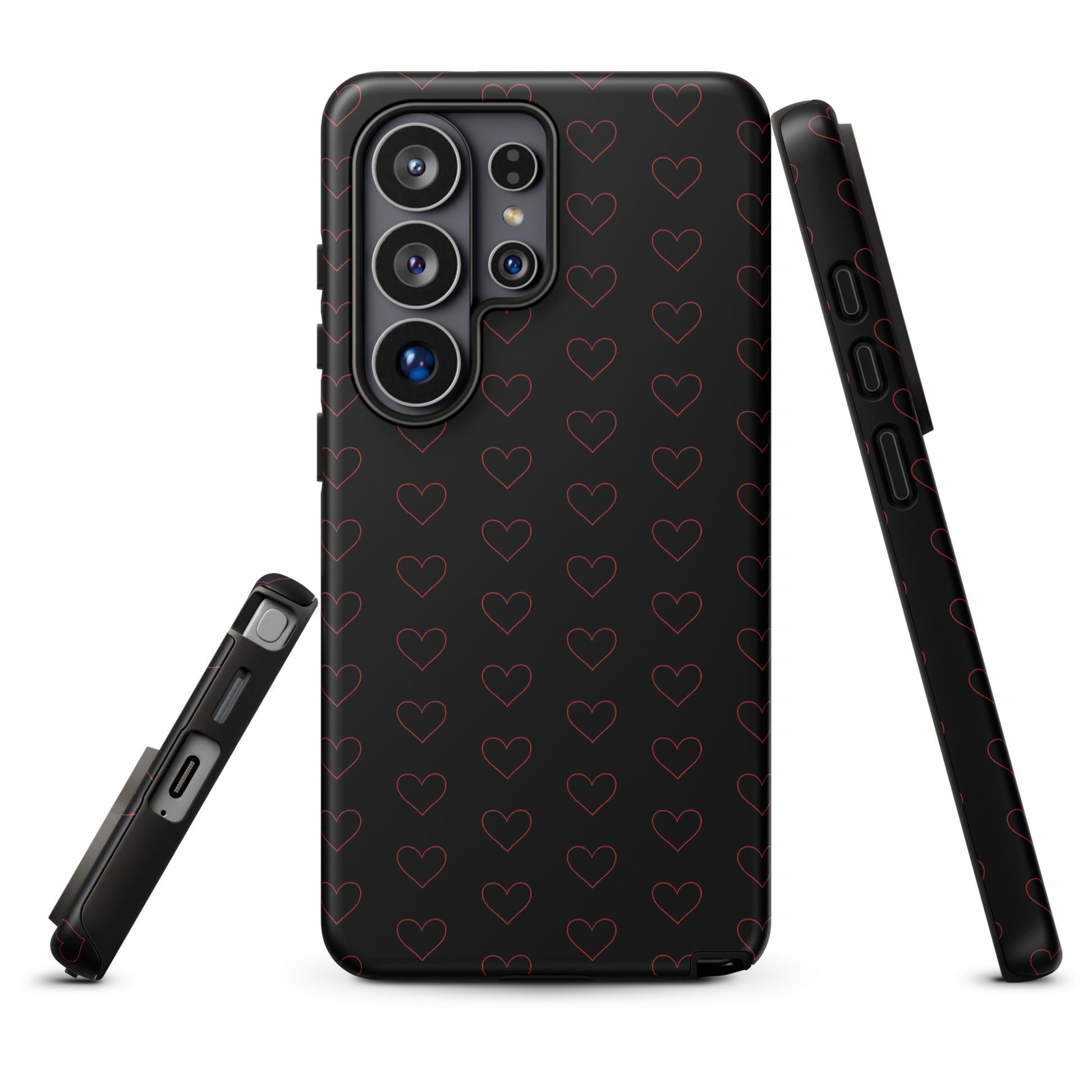 Phone Case for Samsung Galaxy with crimson heart pattern, elegant and stylish design, minimalist crimson outlines, premium look.
