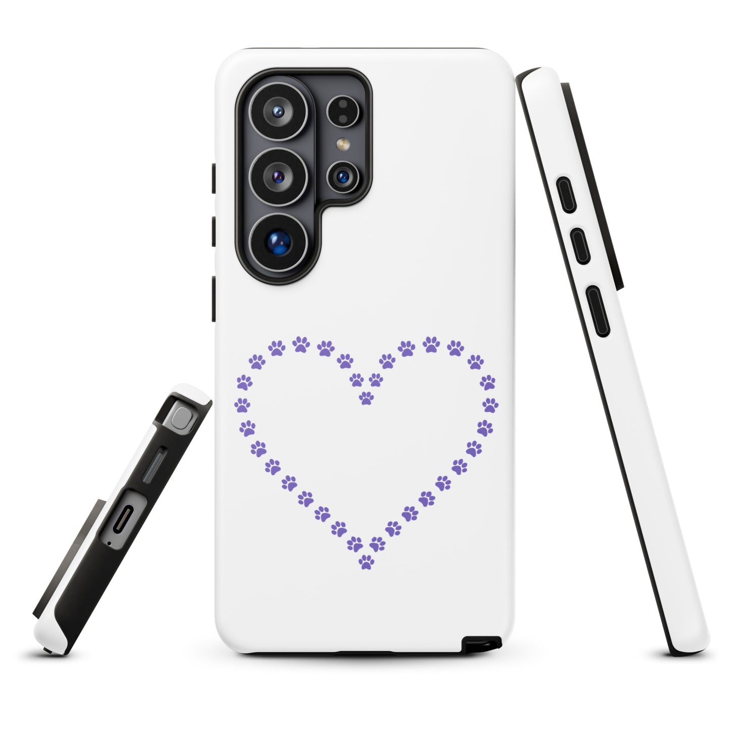 Phone Case for Samsung Galaxy with purple paw print heart design for pet lovers, featuring durable protection and playful animal design.