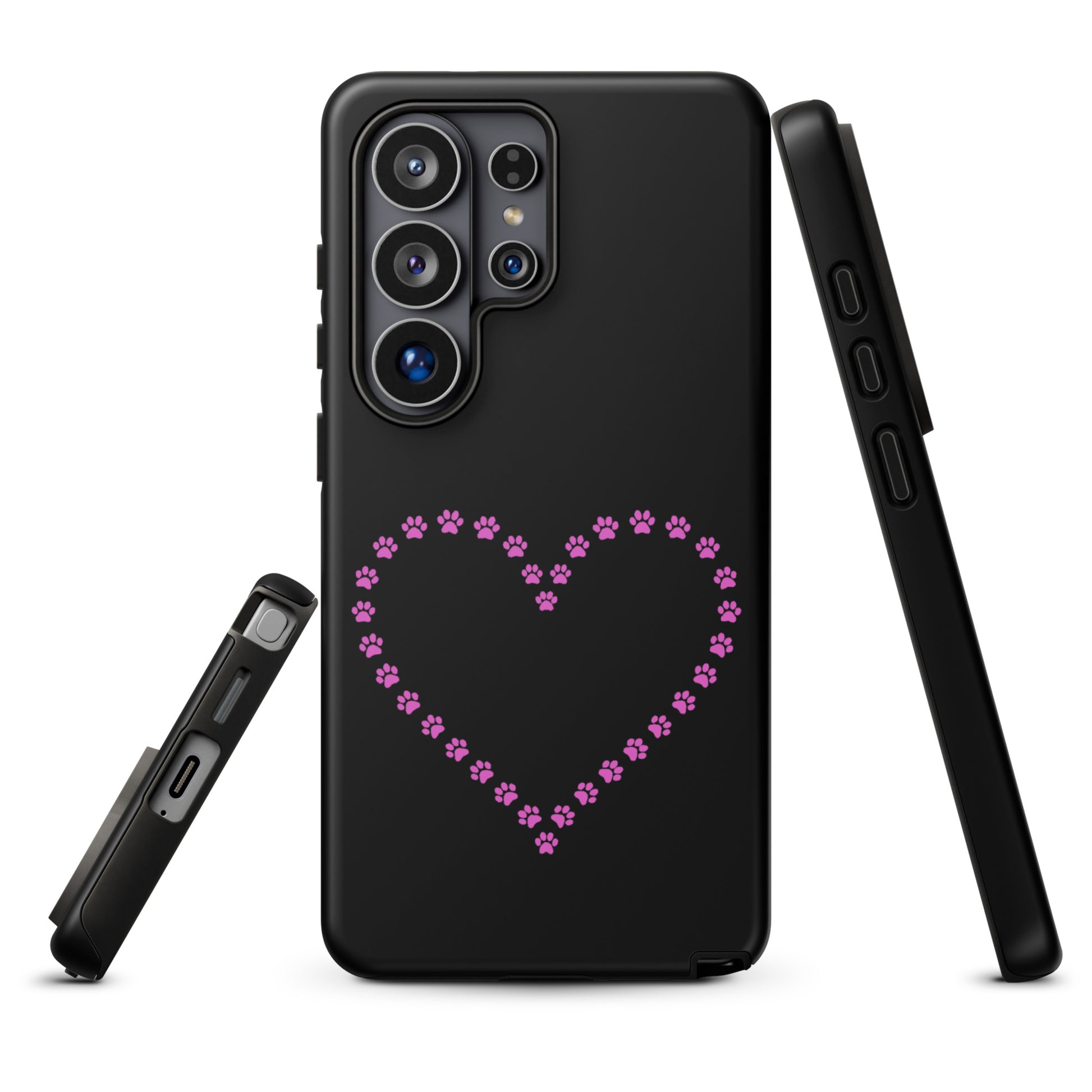 Phone Case for Samsung Galaxy with pink paw print heart design, black case for pet lovers, featuring durable protection.