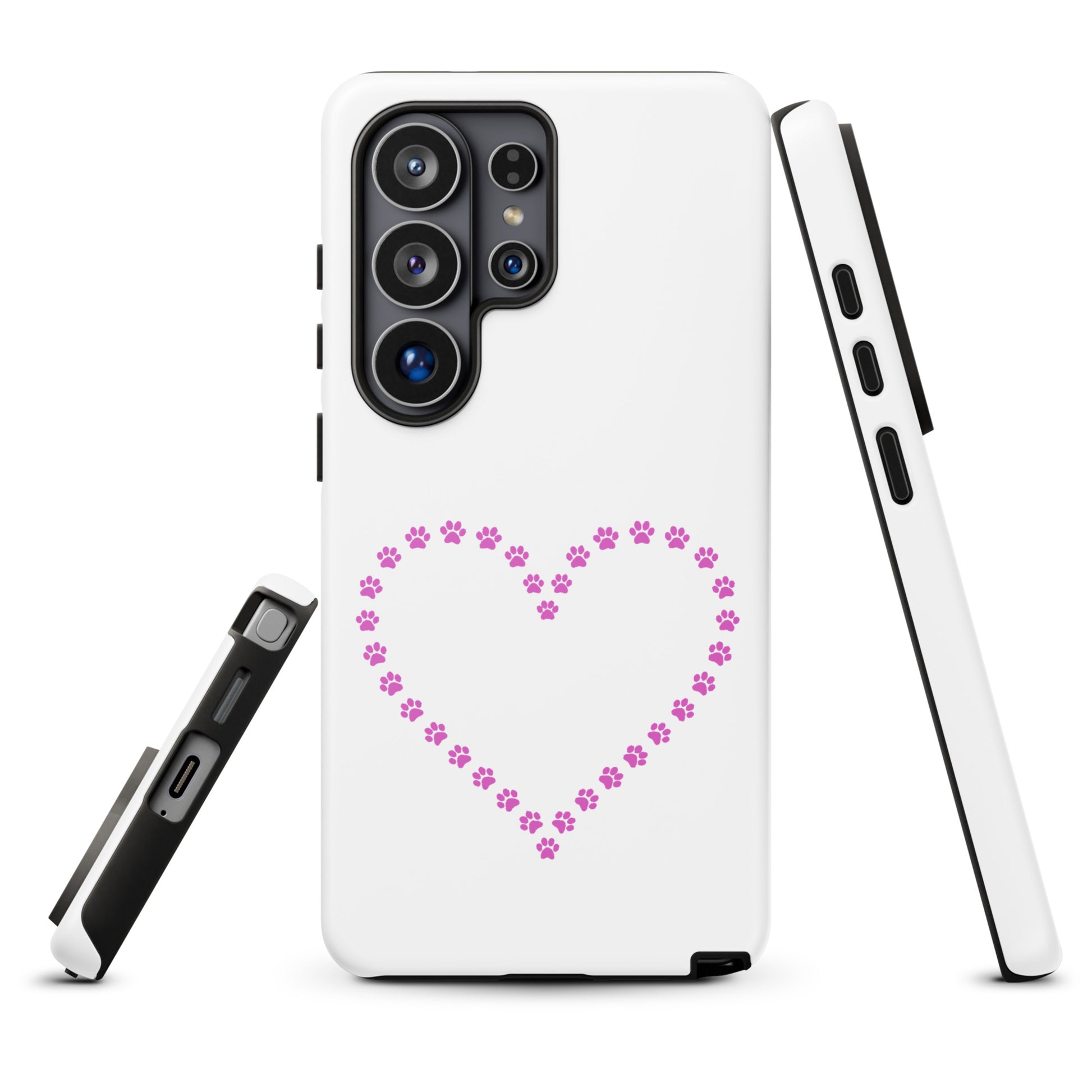 Phone Case for Samsung Galaxy with paw print heart design for pet lovers, featuring pink paw prints forming a heart on white background.