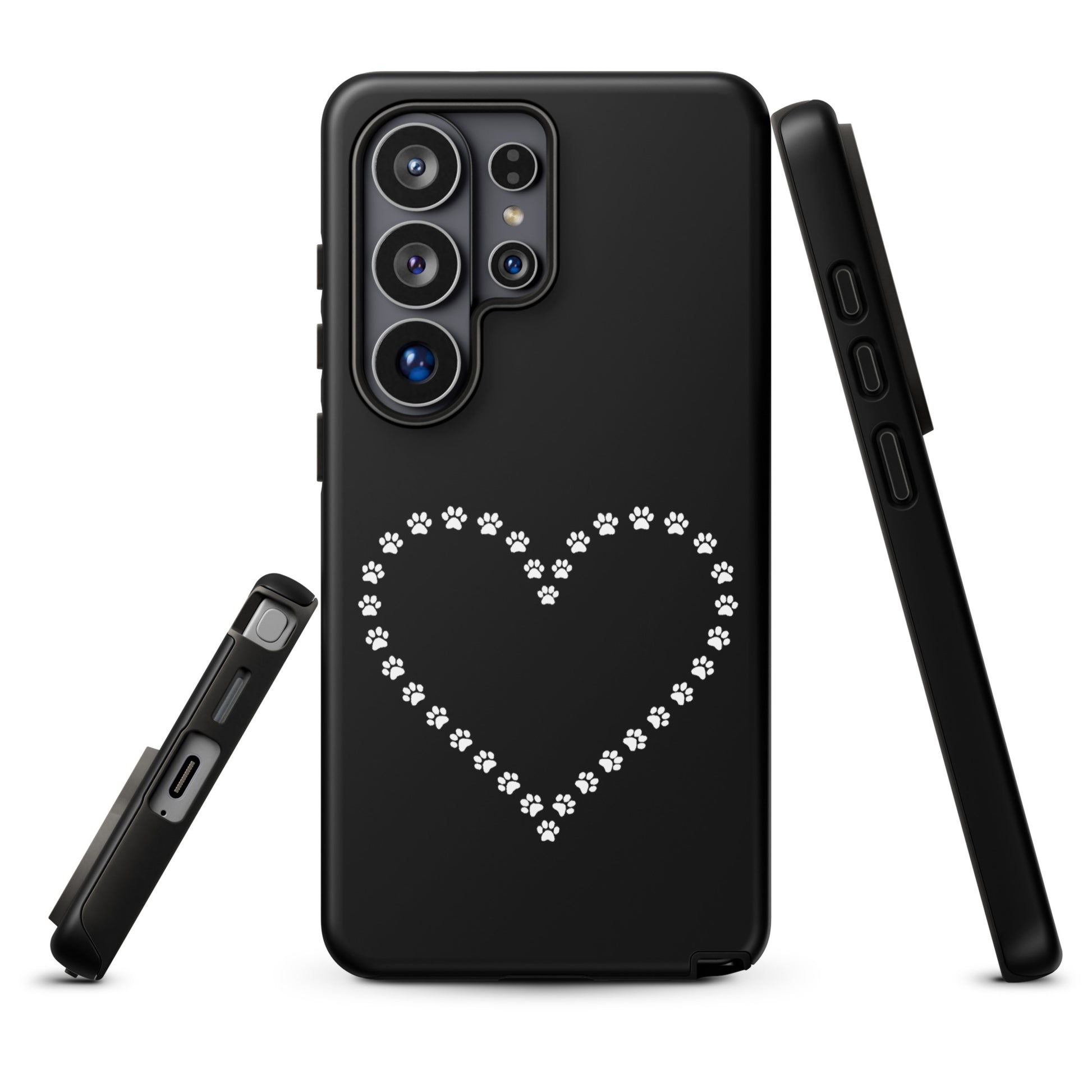 Phone Case for Samsung Galaxy with paw print heart design in black and white for pet lovers, featuring durable protection.