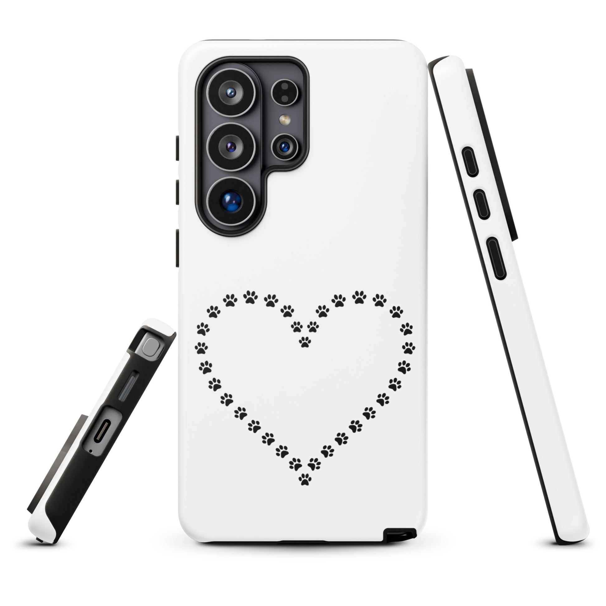 Phone Case for Samsung Galaxy featuring paw print heart design, ideal for cat and dog lovers seeking a durable, charming accessory.