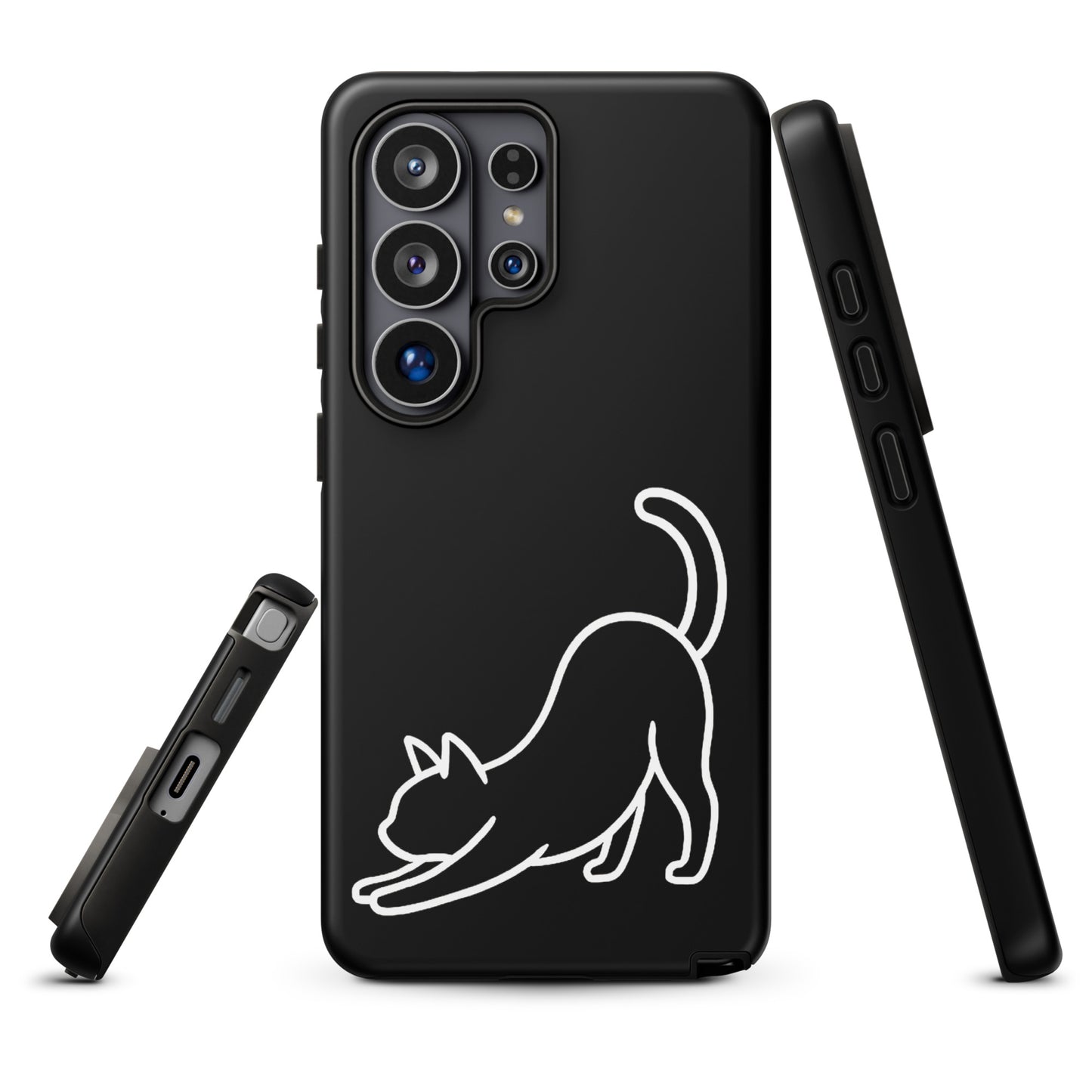 Phone Case for Samsung Galaxy with minimalist stretching cat design, combines cute aesthetics and solid protection for cat lovers.