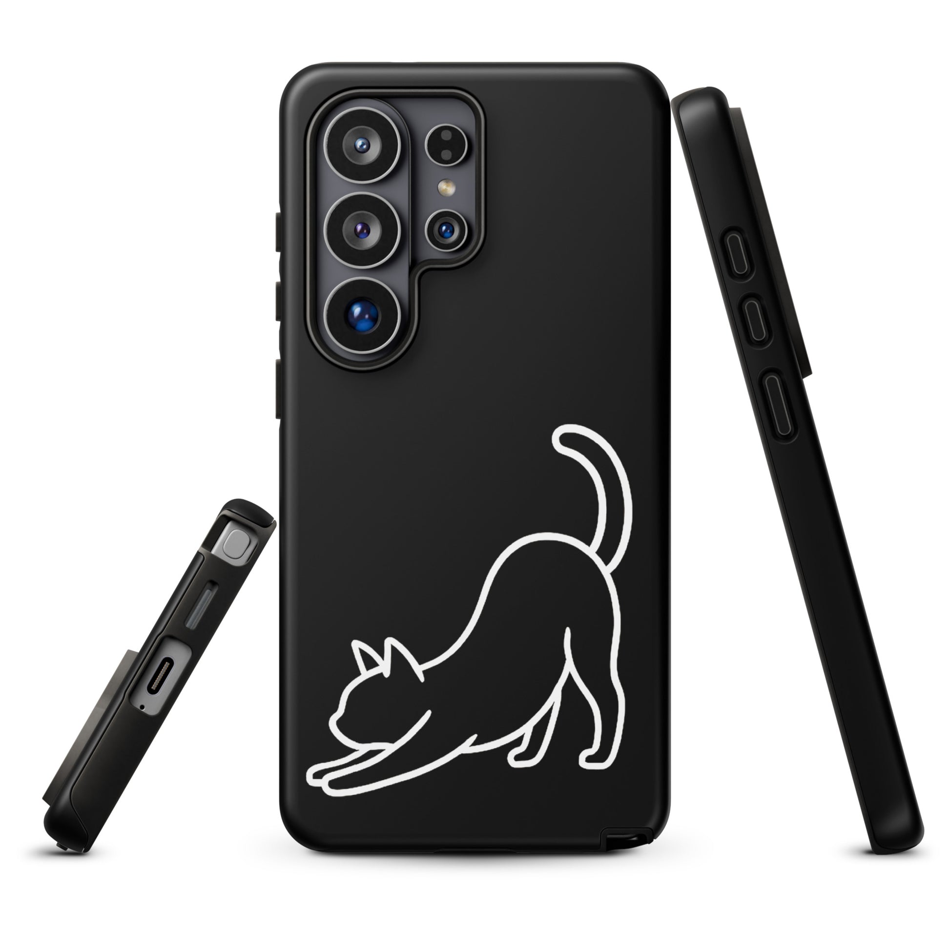 Phone Case for Samsung Galaxy with minimalist stretching cat design, combines cute aesthetics and solid protection for cat lovers.
