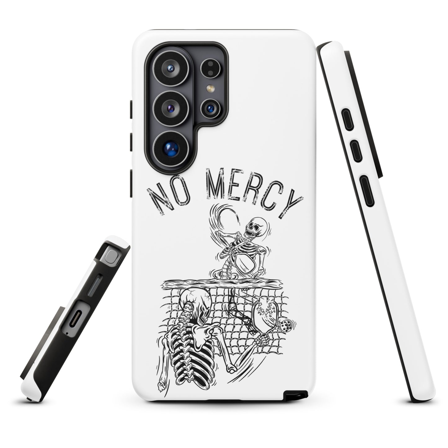 Pickleball Samsung Galaxy Case with 'No Mercy' design, featuring aggressive skeleton artwork, perfect for intense pickleball matches.