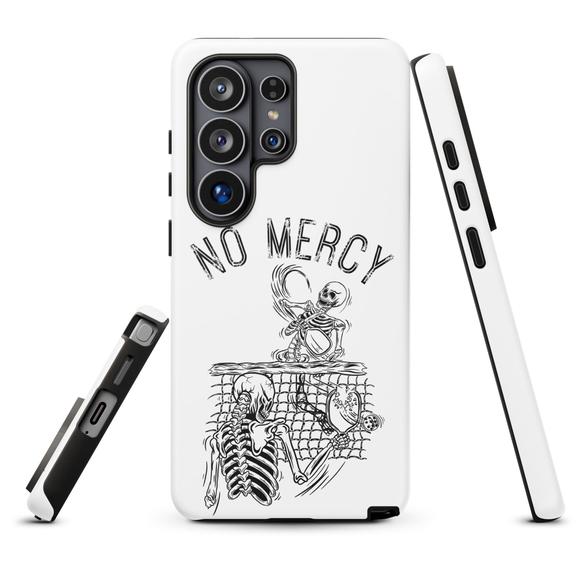 Pickleball Samsung Galaxy Case with 'No Mercy' design, featuring aggressive skeleton artwork, perfect for intense pickleball matches.