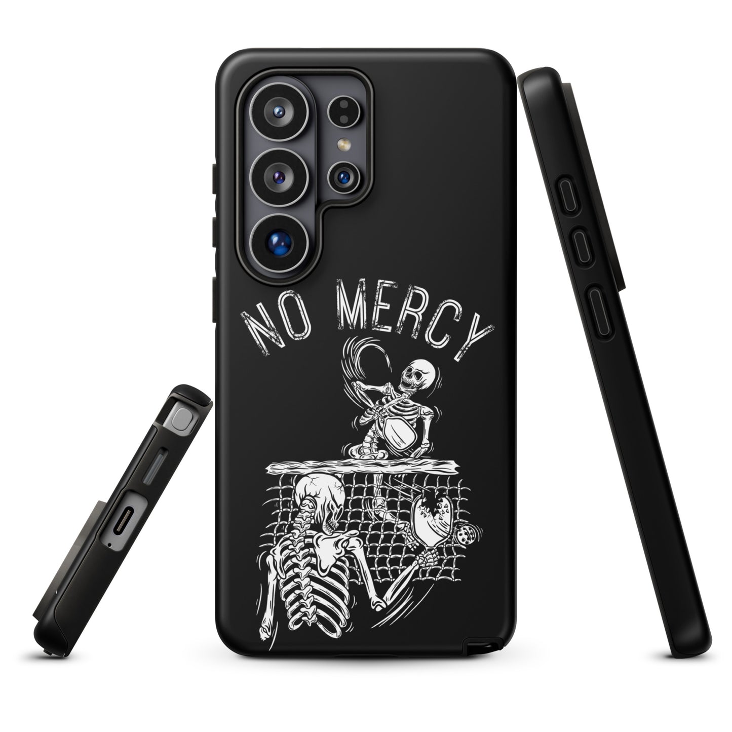 Pickleball Samsung Galaxy case with "No Mercy" skeleton design, showcasing intense gameplay spirit and powerful protection.