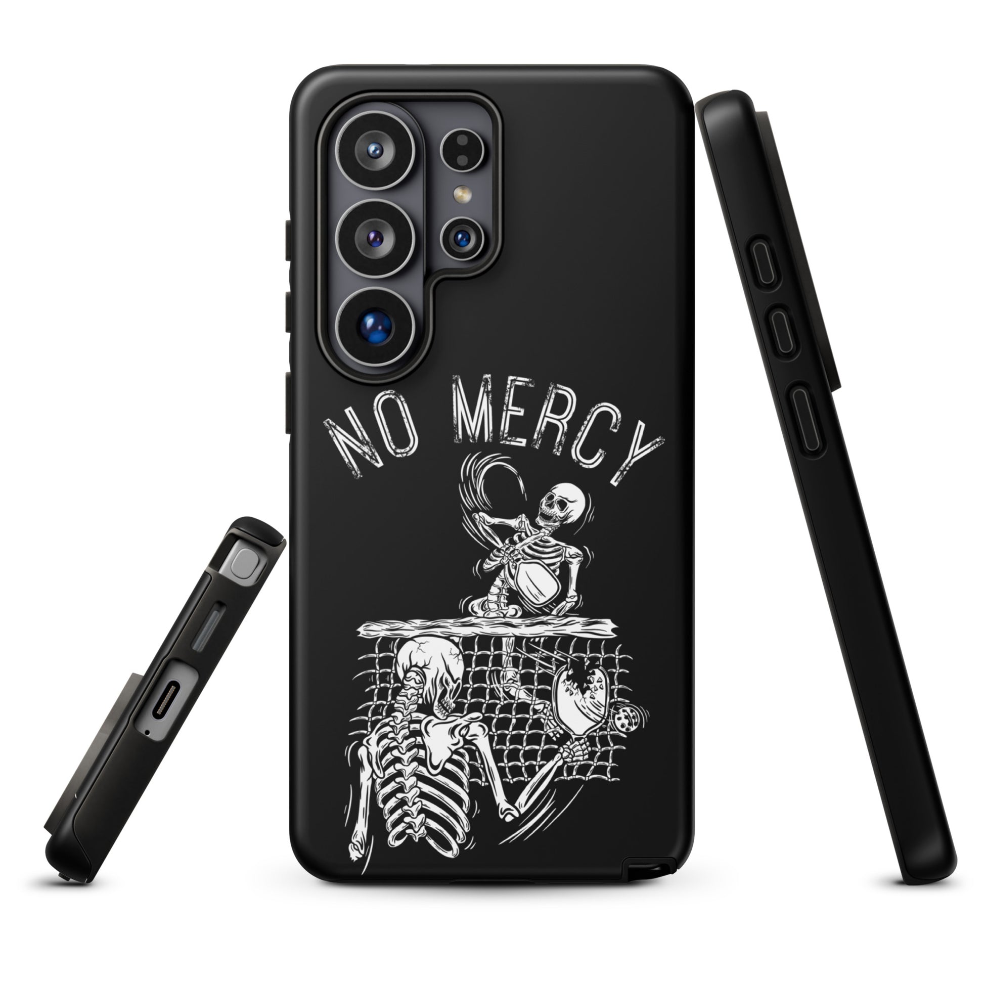 Pickleball Samsung Galaxy case with "No Mercy" skeleton design, showcasing intense gameplay spirit and powerful protection.