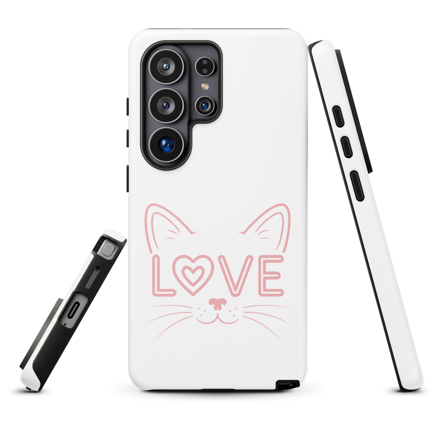 Cat Love Phone Case for Samsung Galaxy with minimalist design featuring a cute cat face outline and 'love' text in pink.
