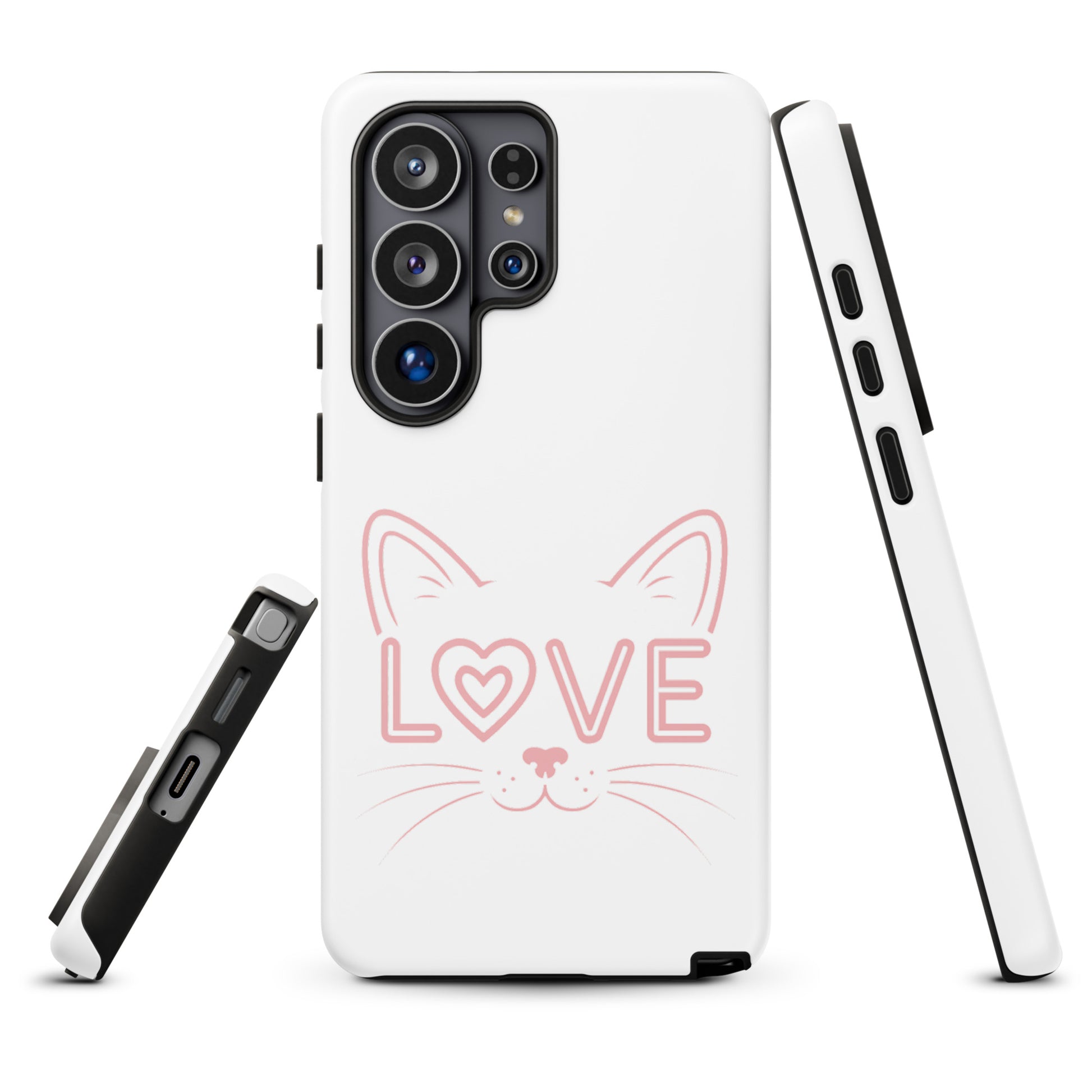Cat Love Phone Case for Samsung Galaxy with minimalist design featuring a cute cat face outline and 'love' text in pink.