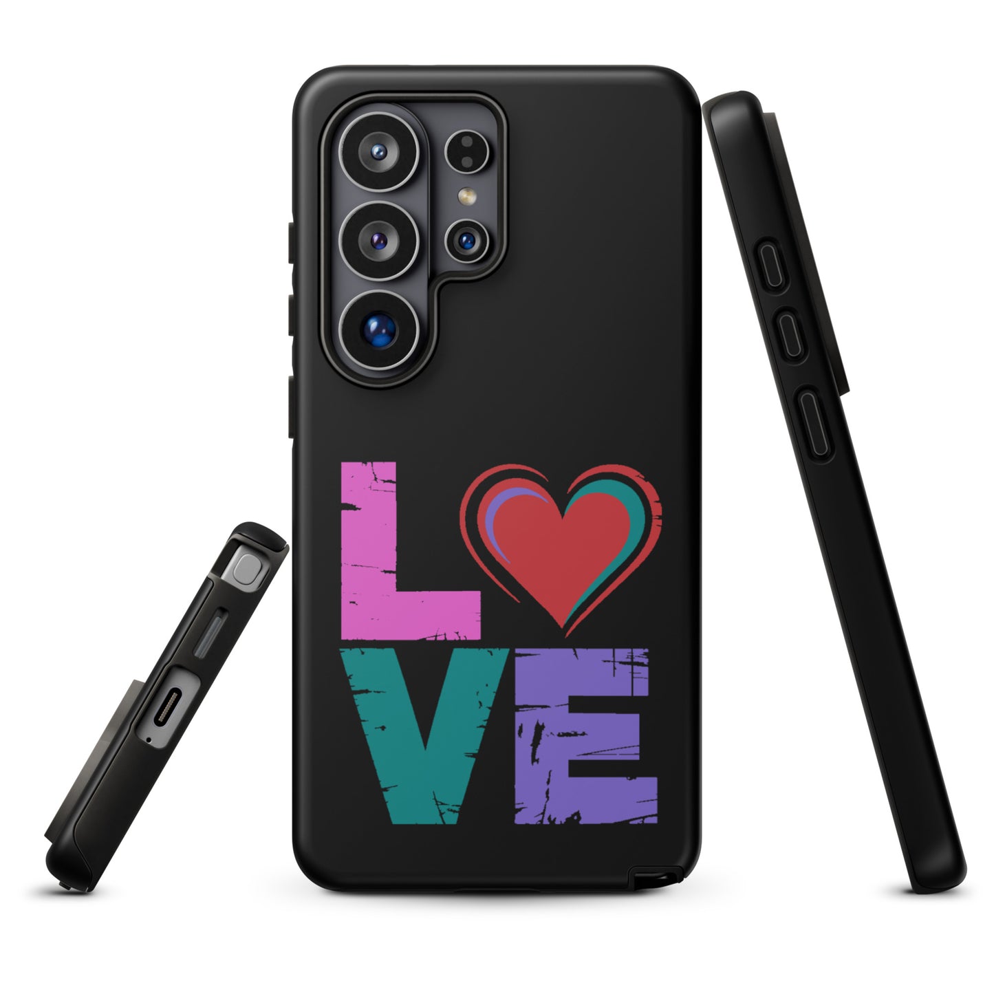 Phone Case: Love Dual Layer Tough Case for Samsung phones with a colorful 'love' design featuring a heart for letter 'o'.