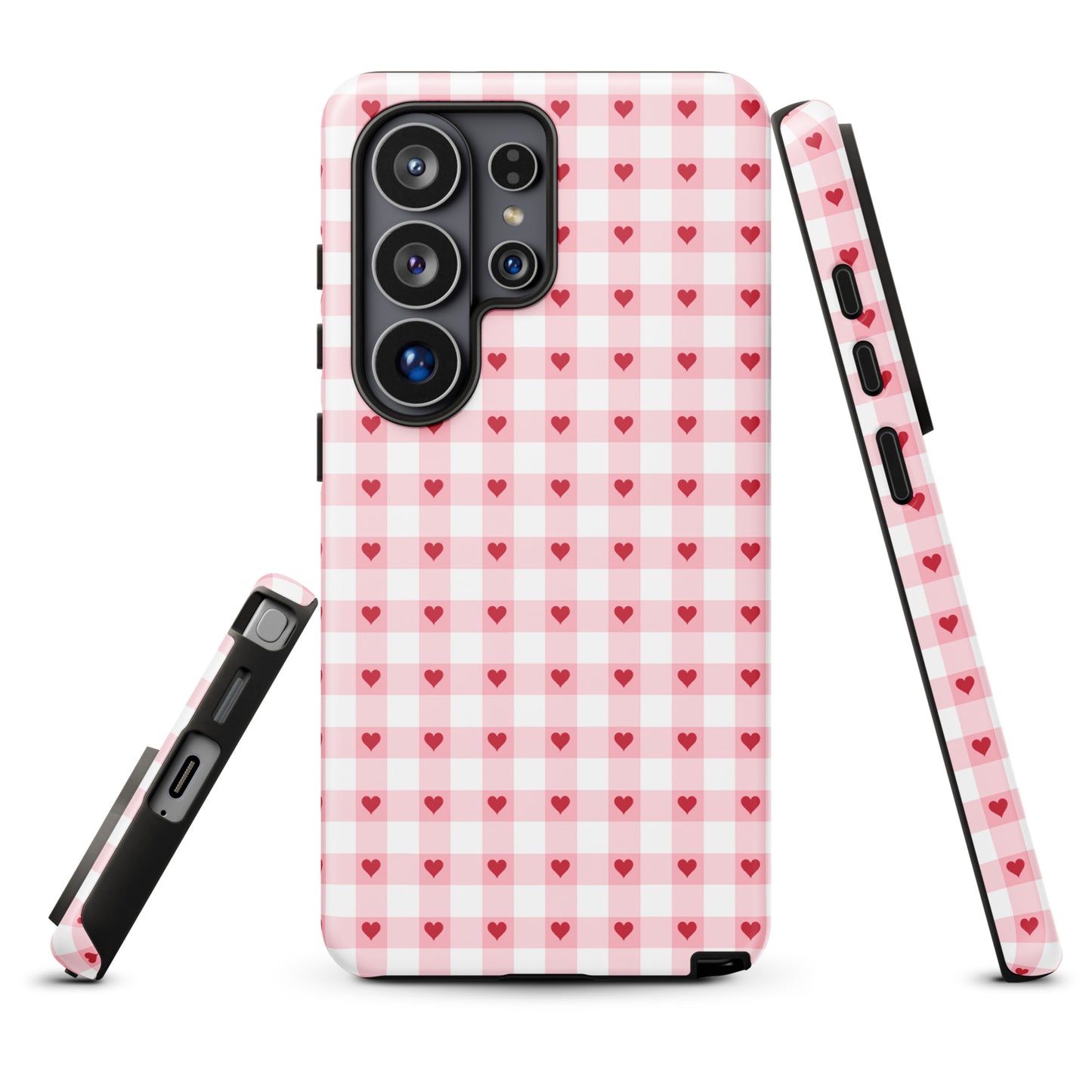 Phone Case for Samsung Galaxy featuring pink-and-white gingham pattern with red hearts, combining playful style and durable luxury.