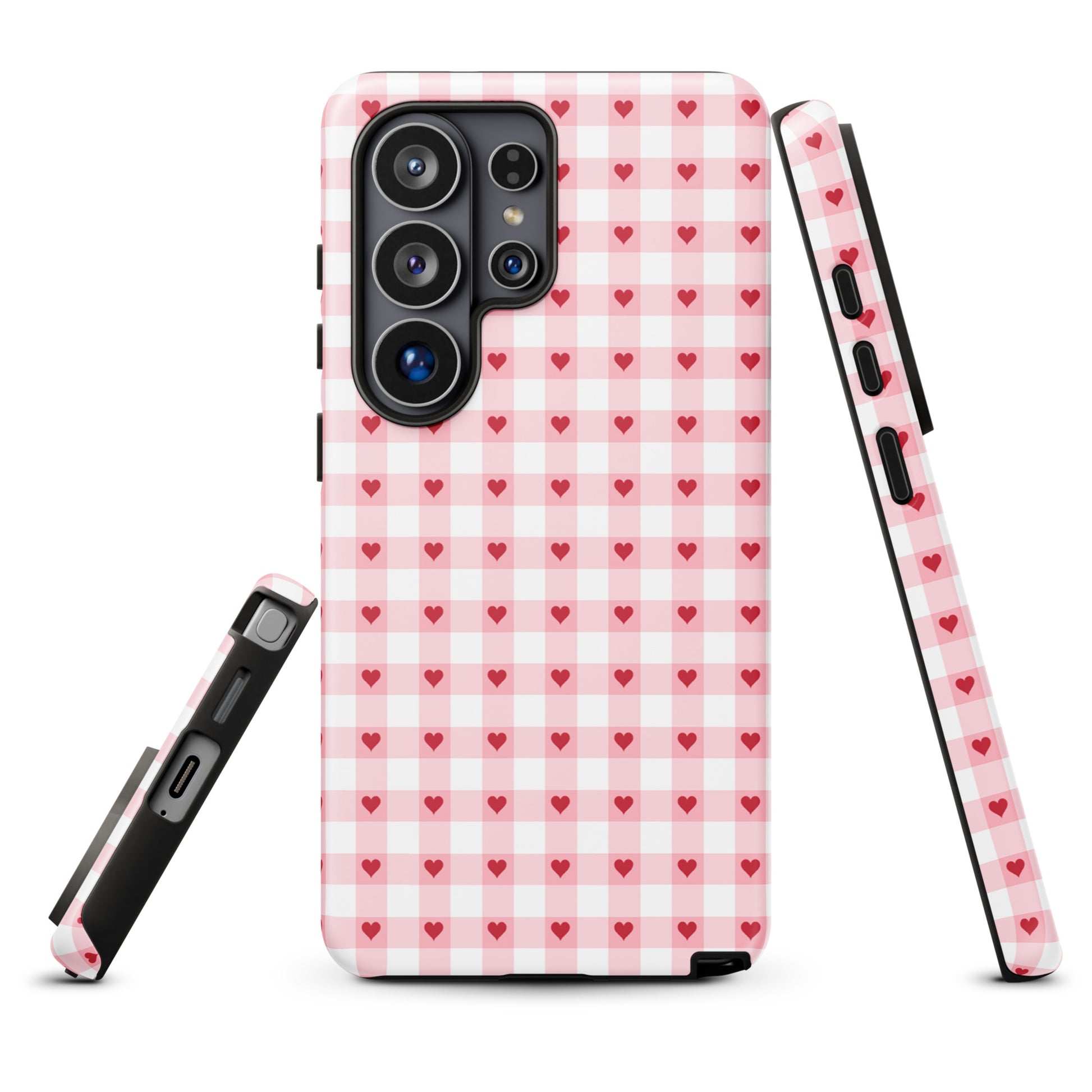 Phone Case for Samsung Galaxy featuring pink-and-white gingham pattern with red hearts, combining playful style and durable luxury.