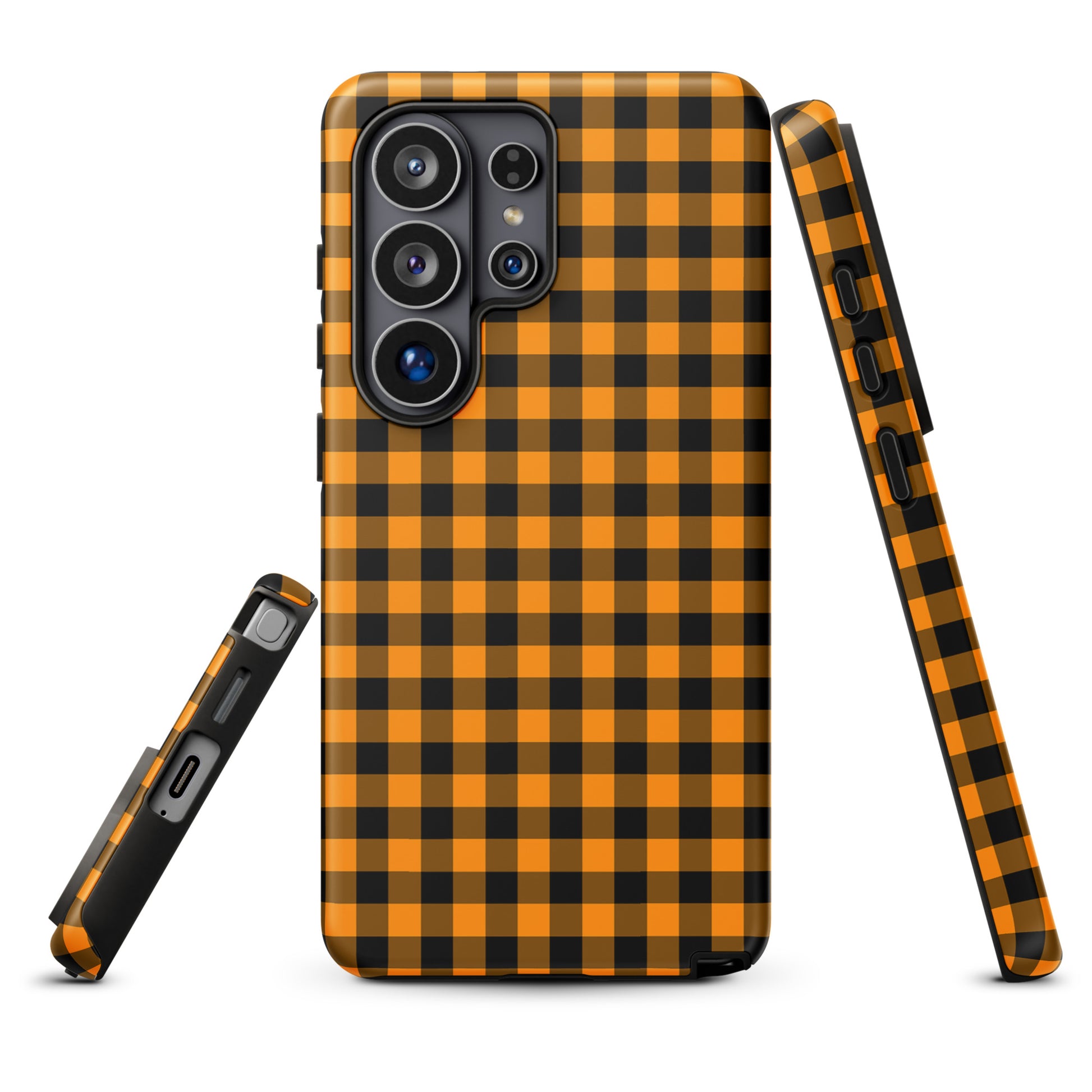 Phone case for Samsung Galaxy in black-and-orange gingham pattern, perfect for Fall. Stylish and durable, enhances device elegance.