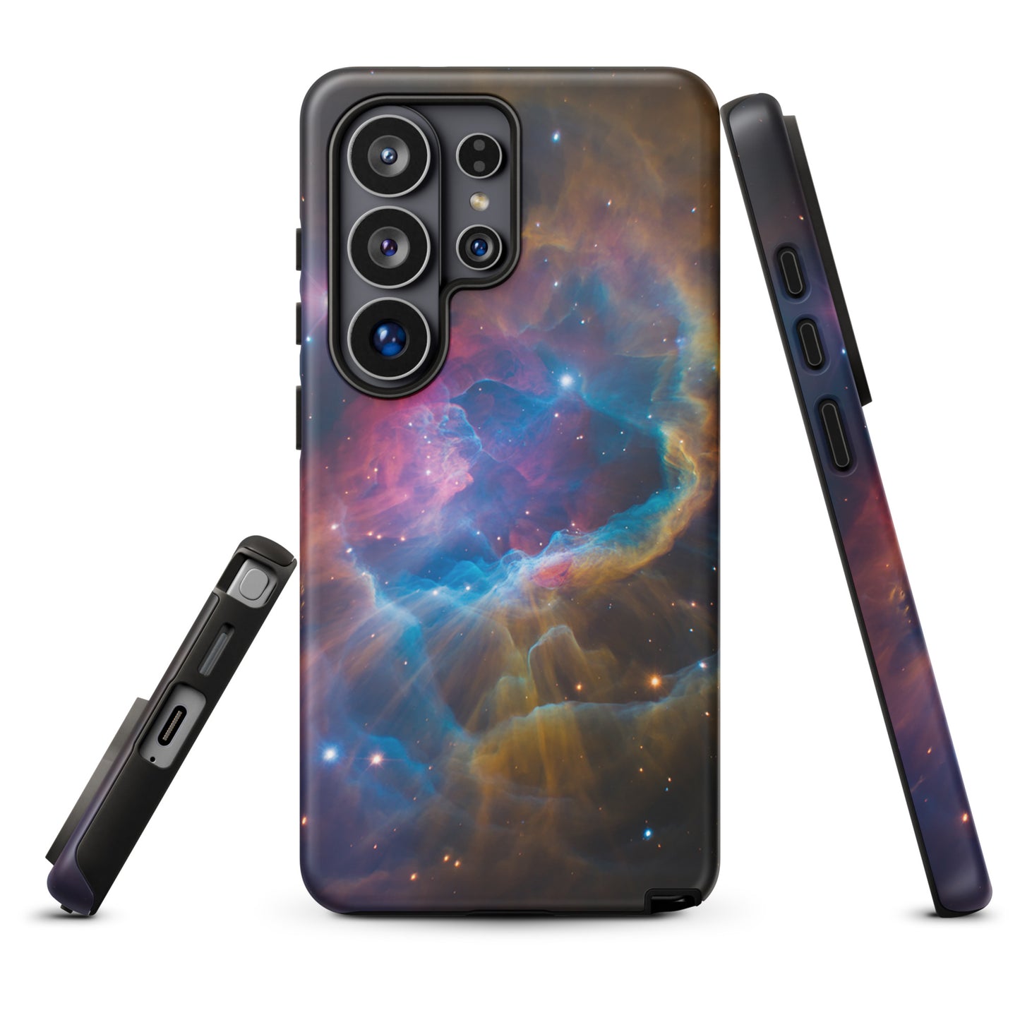 Phone Case for Samsung Galaxy with Nebula Cosmic Dreamscape design featuring swirling blue, orange, and pink nebula.