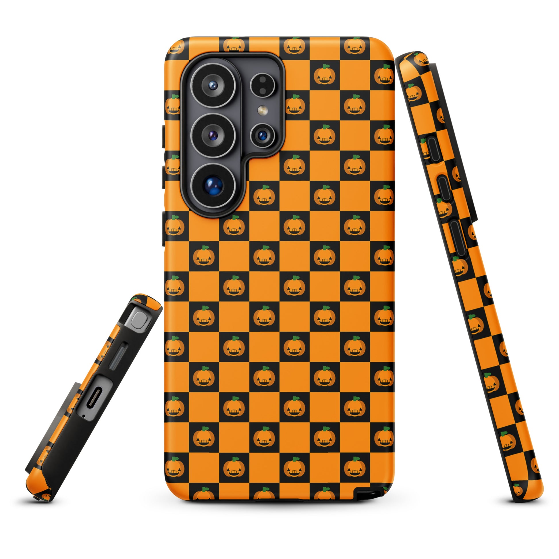 Phone Case for Samsung Galaxy with pumpkin checkered Halloween design featuring black squares with jack-o'-lanterns.