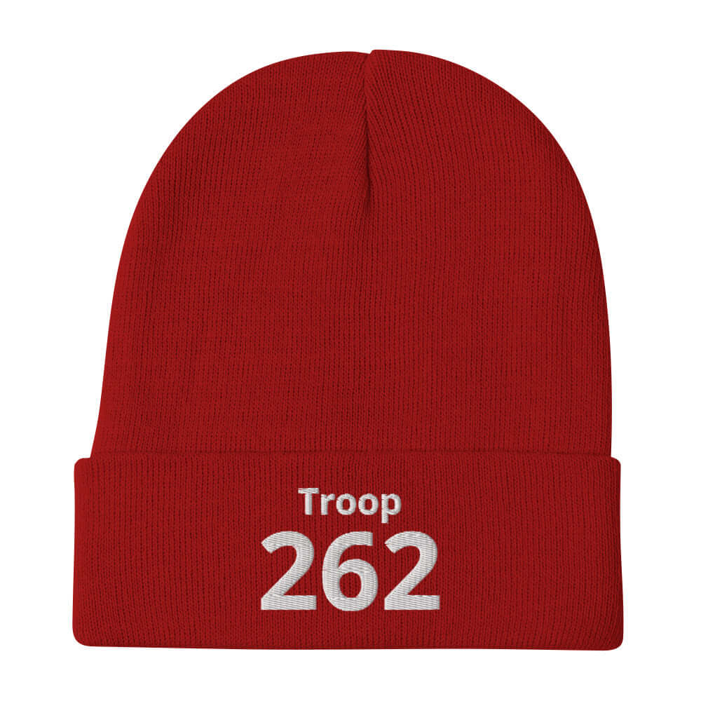 Red embroidered beanie featuring 'Troop 262' logo, perfect for warmth and style in any season.