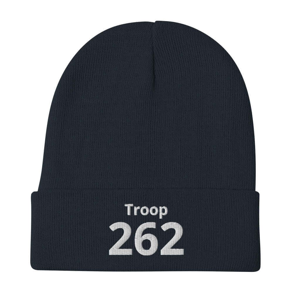 Black embroidered beanie featuring "Troop 262" in light gray text, perfect for warmth and comfort.