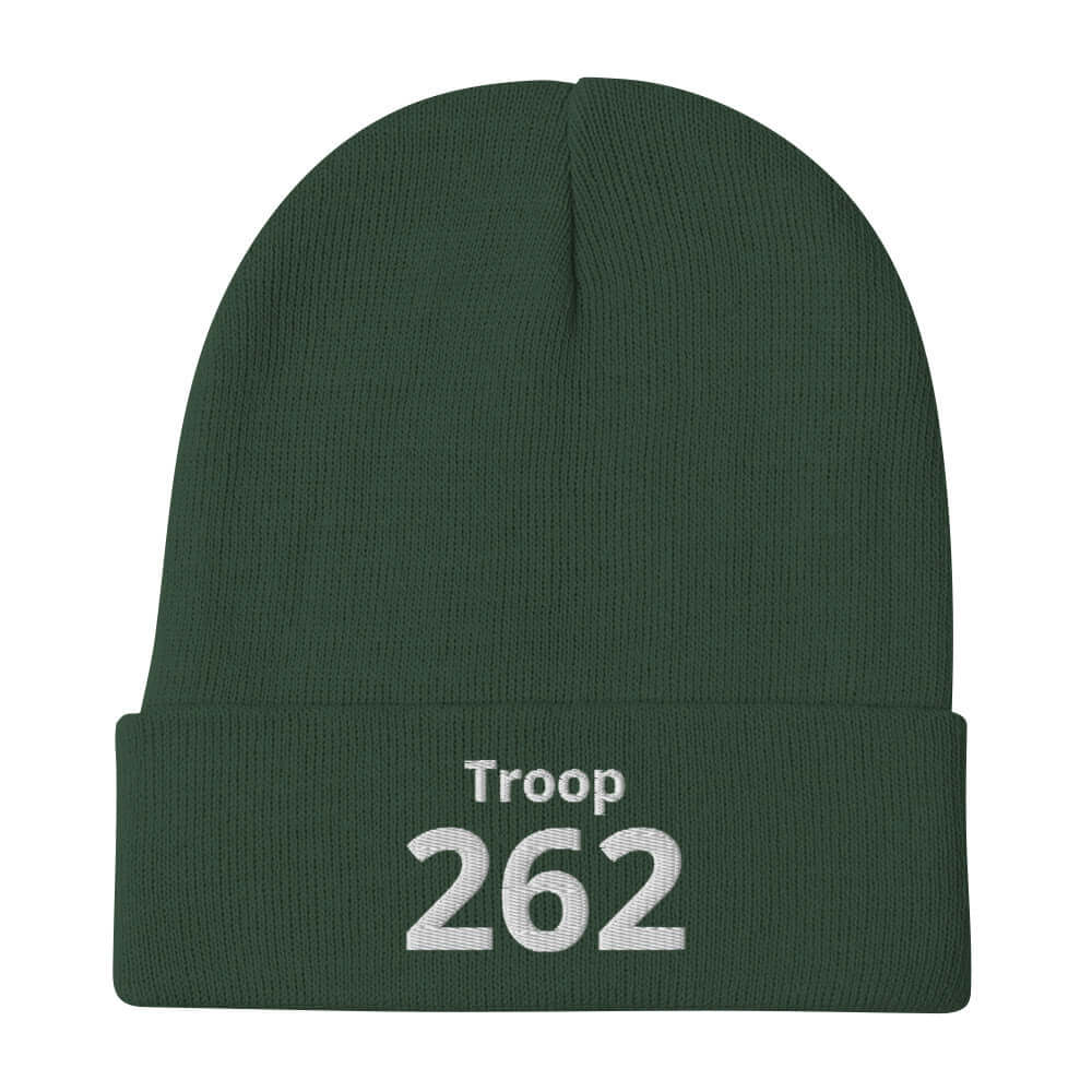 Dark green embroidered beanie featuring the text "Troop 262" in a stylish font. Perfect for warmth and comfort.