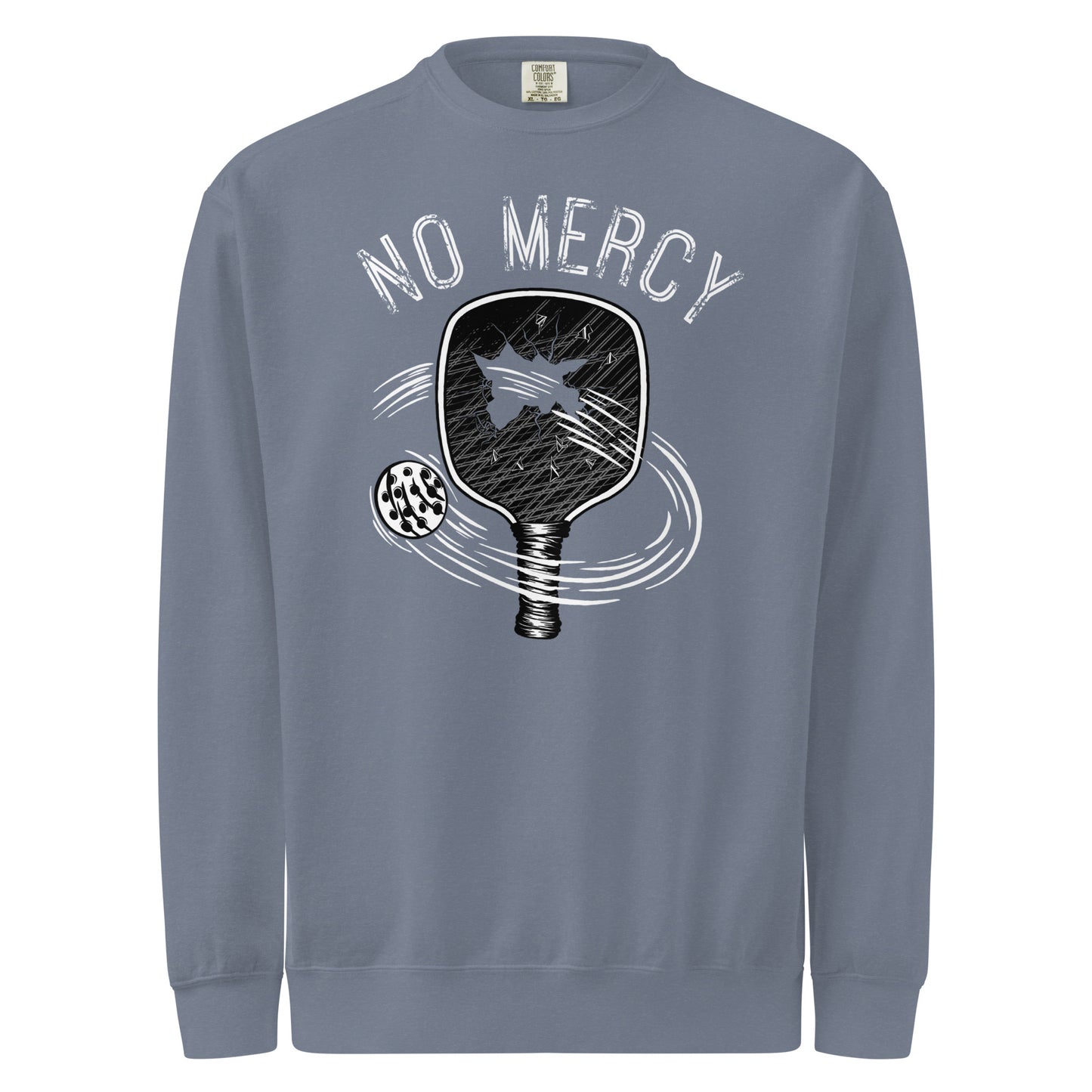Pickleball No Mercy Series unisex sweatshirt featuring graphic design of a paddle and ball.