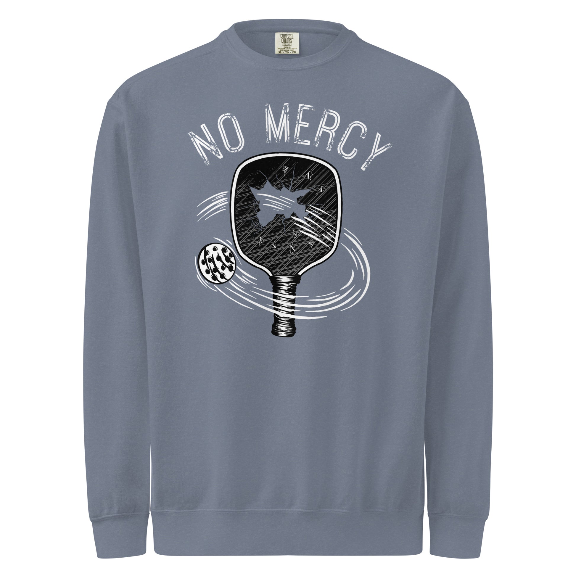 Pickleball No Mercy Series unisex sweatshirt featuring a team paddle and ball graphic on a vintage blue background.
