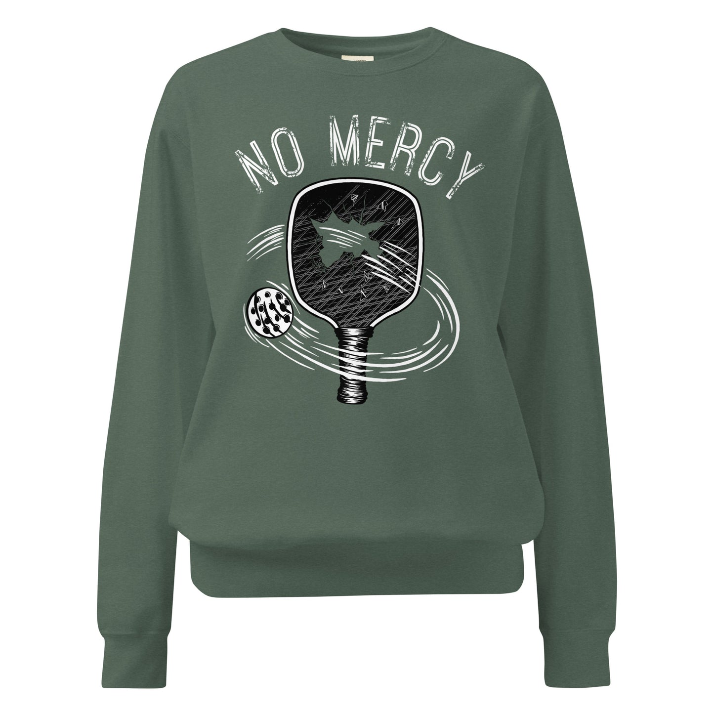 Pickleball No Mercy Series unisex garment-dyed sweatshirt in green with paddle and ball design.