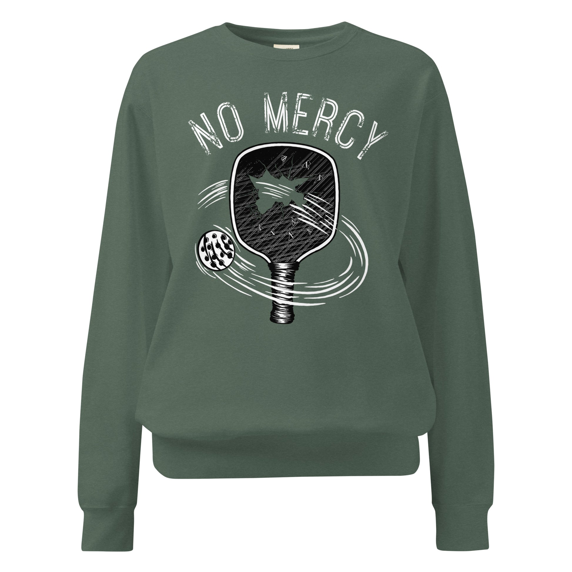 Pickleball No Mercy Series unisex garment-dyed sweatshirt in green with paddle and ball design.